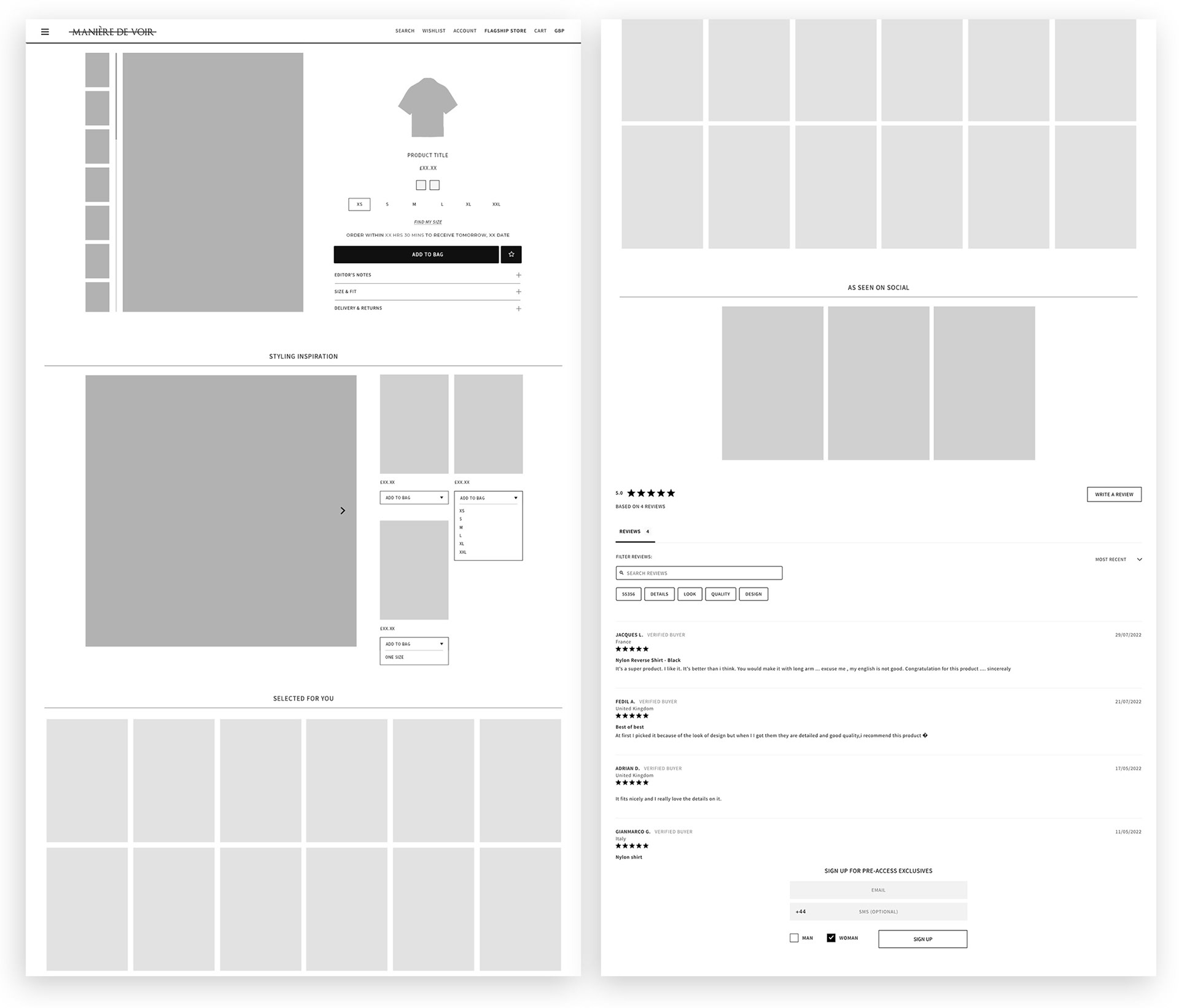 Wireframe of MDV product page