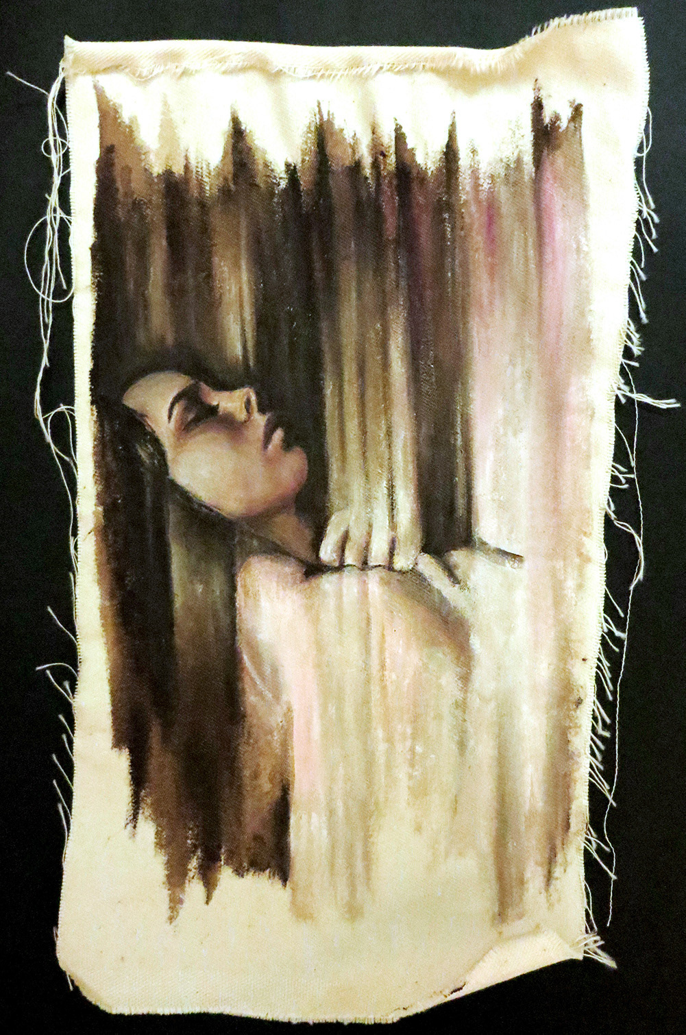 Acrylic painting on fabric of girl asleep clutching duvet