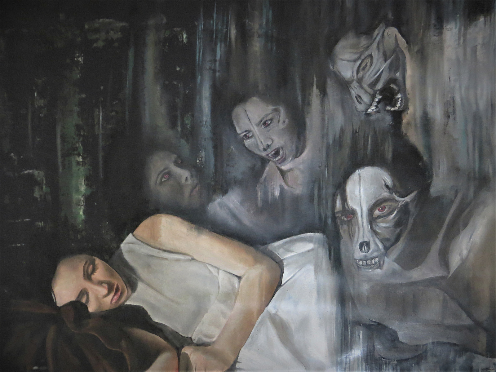 Oil painting of girl asleep, with demonic figures rising above her