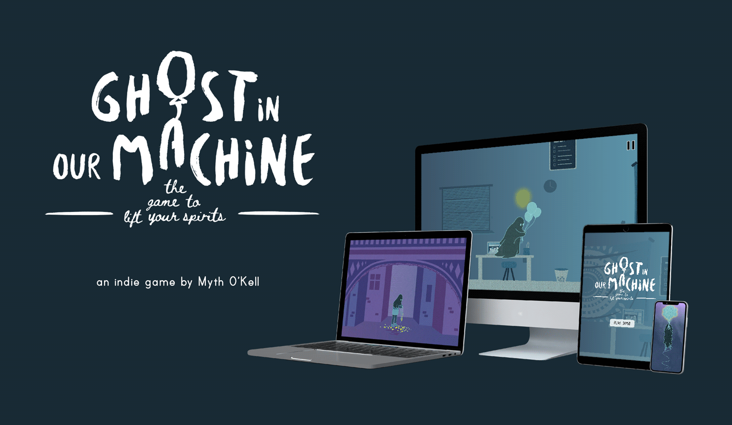 GIF of Ghost in Our Machine animated logo and game displayed on different devices