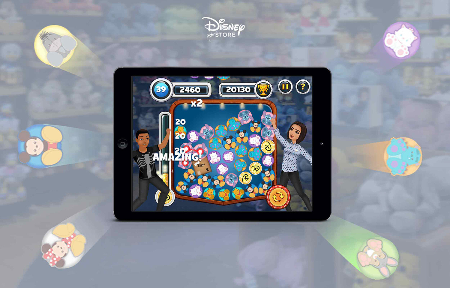 Mockup of the game shown on a tablet, two avatars either side of a board full of spheres filled with Tiny Big Feet