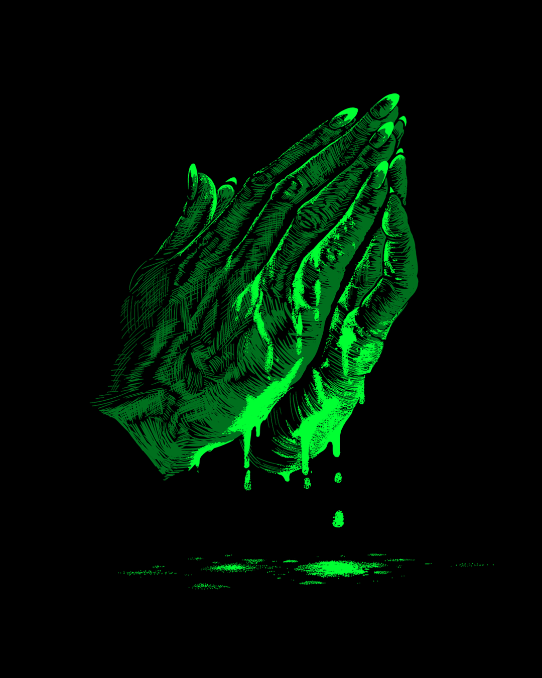 REPENT artwork of praying hands with animated dripping green liquid