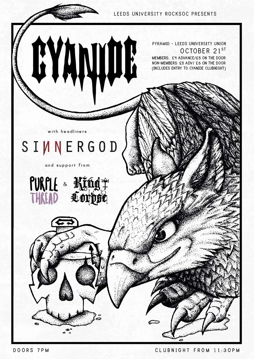 A gig poster featuring a detailed dotwork illustration of a griffin