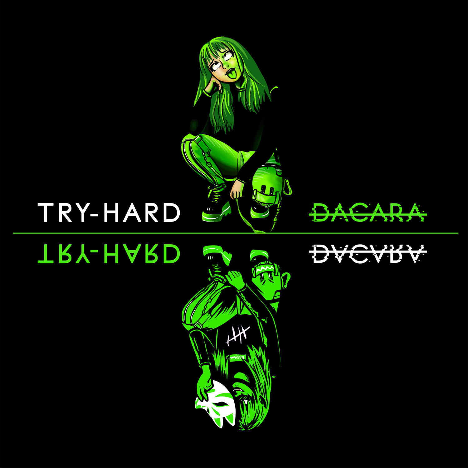 Promo image for 'TRY-HARD' with anime vocalist on top and evil version reflected below