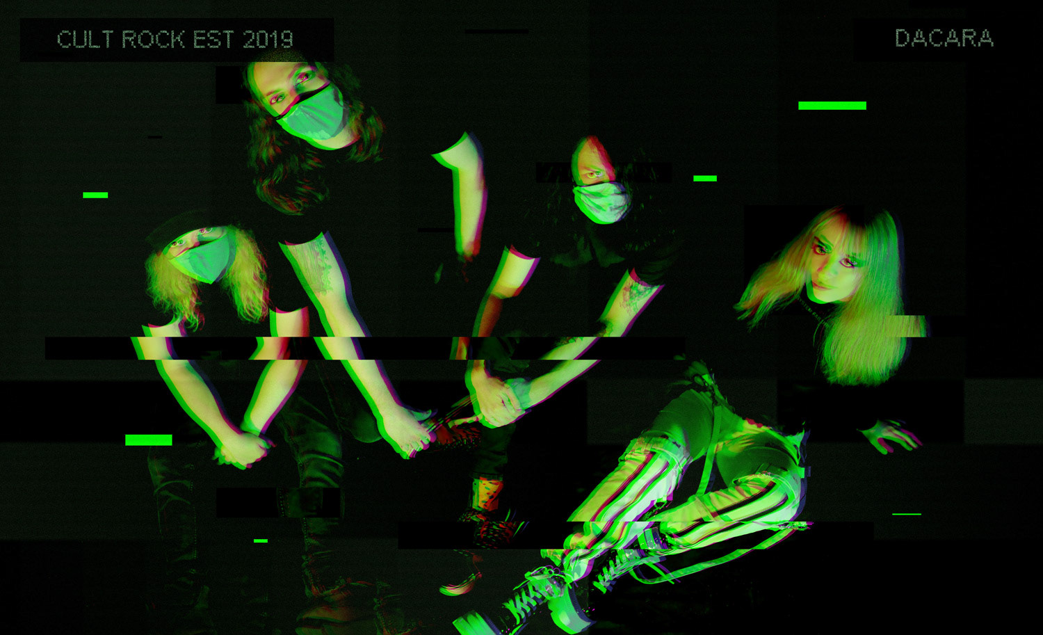 Four DACARA Band members sat looking upwards at camera, with glitch and CCTV effect.