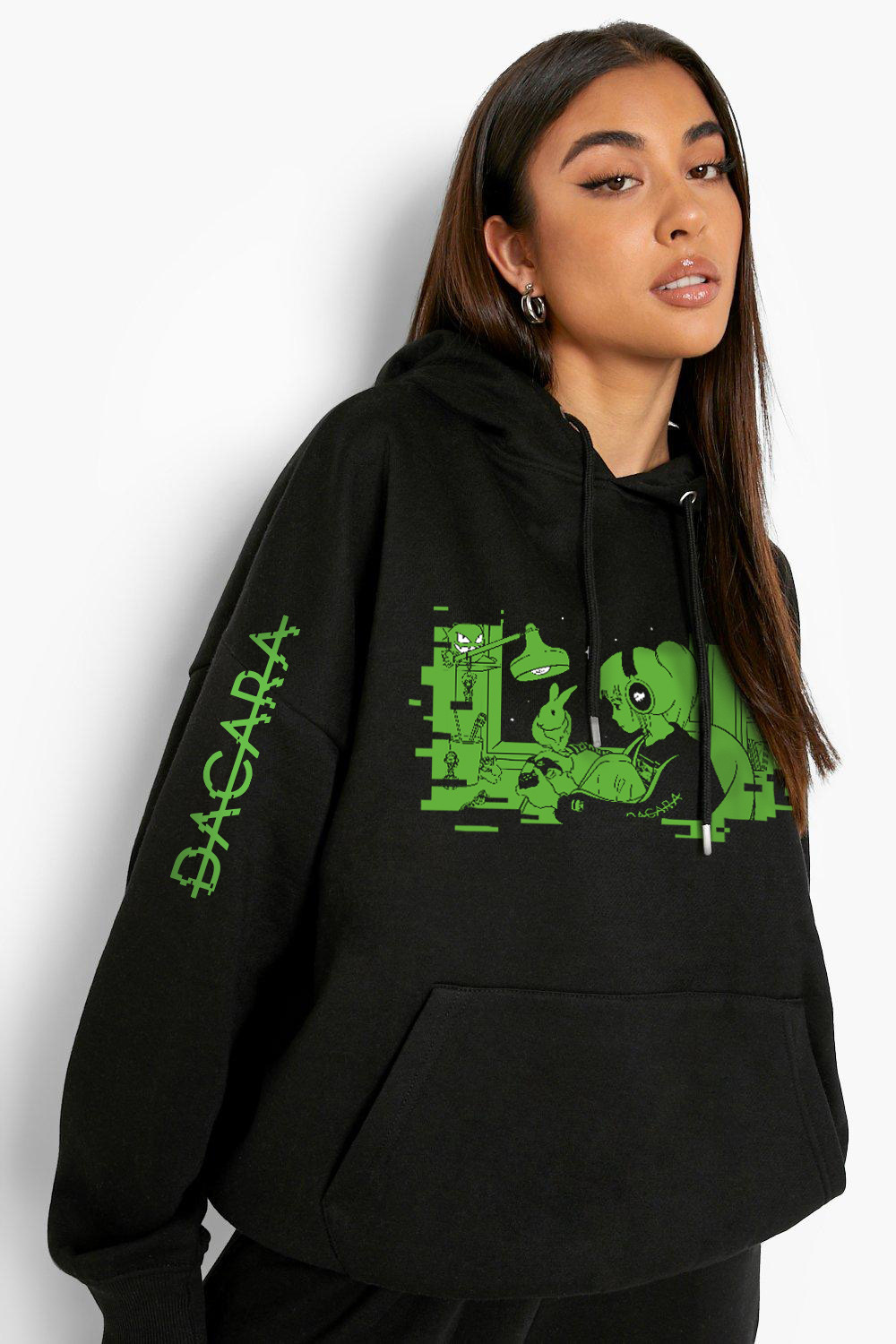 Lady wearing black sweatshirt with 'Lo-fi Emma' artwork