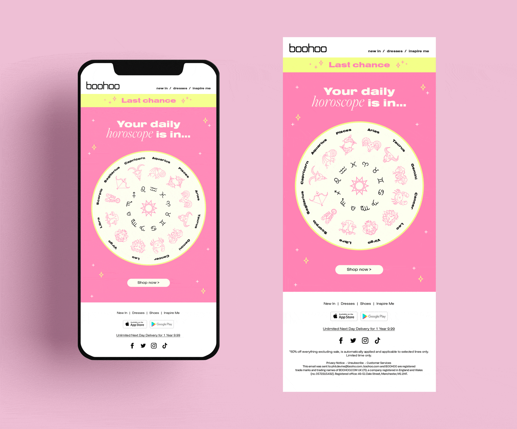 Pink astrology-themed email with spinning horoscope wheel