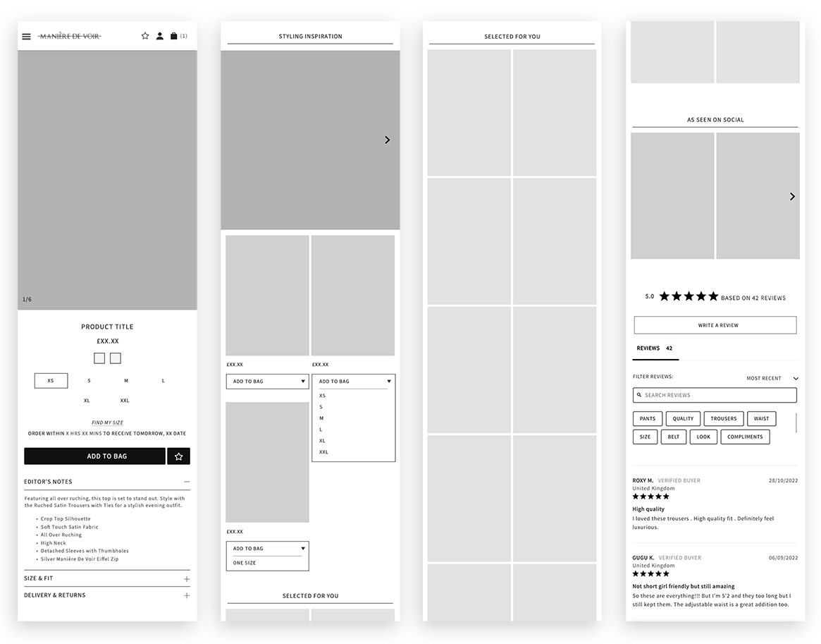 Wireframe of MDV product page on mobile