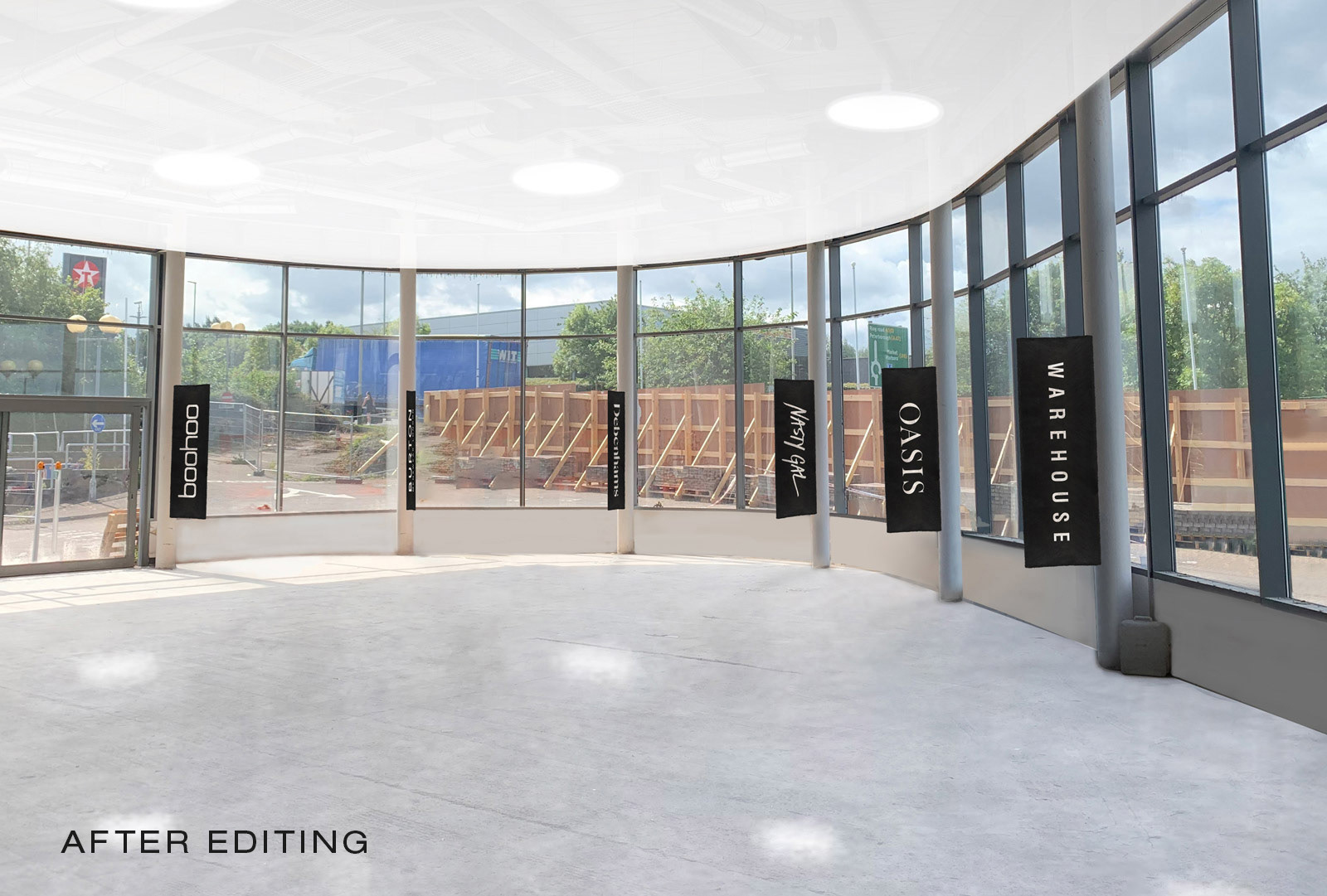 Thurmaston Lane foyer edited to look finished and modern, with branded wall flags