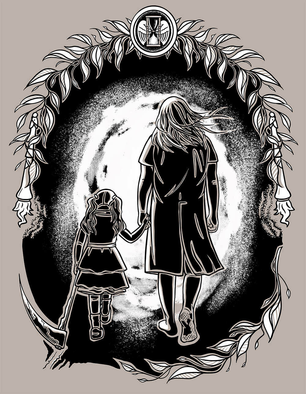Graphic illustration showing a man holding hands with a young girl carrying a scythe