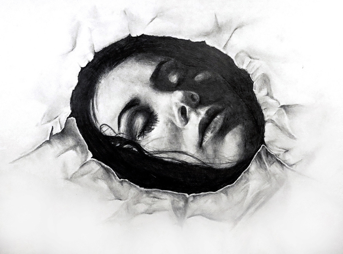 Realistic pencil drawing of a girls face, asleep, breaking through the paper