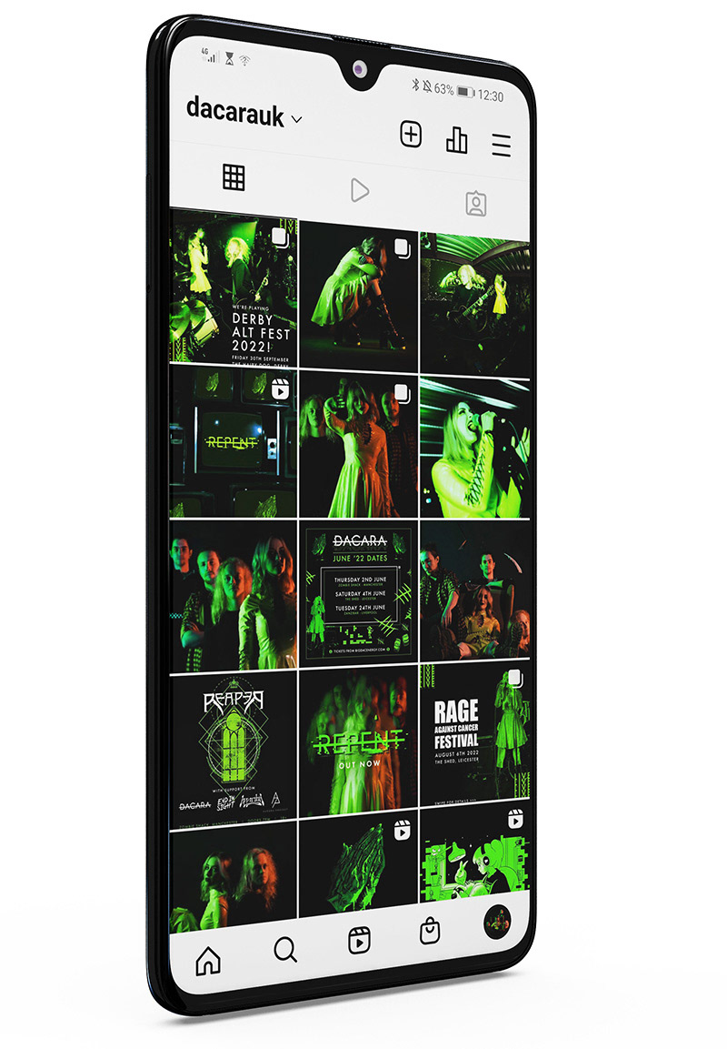 Image of a phone showing DACARA's Instagram grid