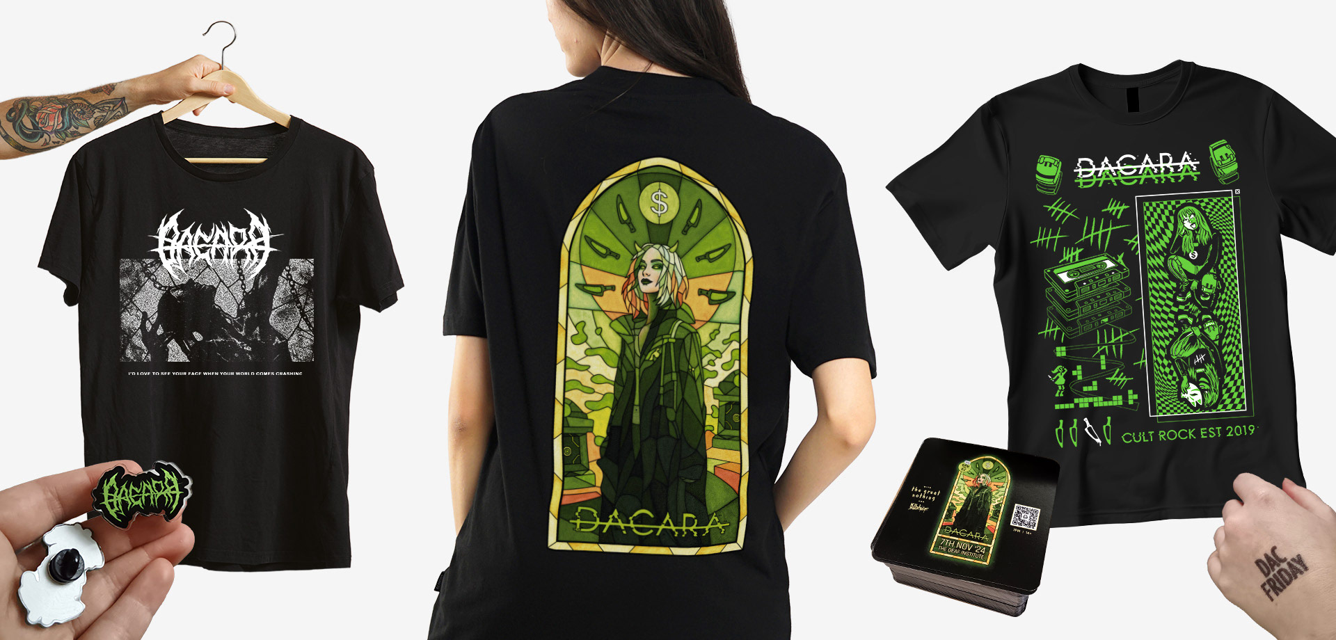 DACARA merch including full colour tshirts, badges and promotional beer mats