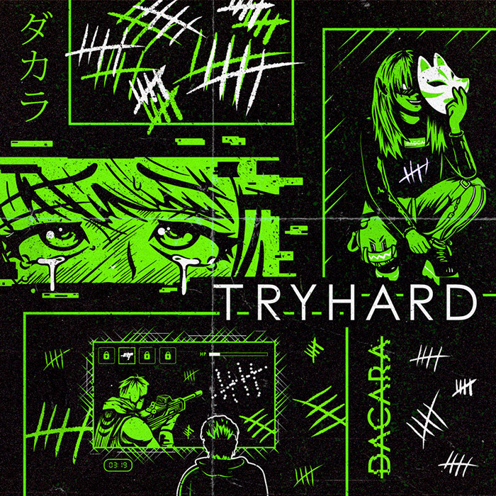 Single artwork for 'TRYHARD' with anime and gaming illustrations