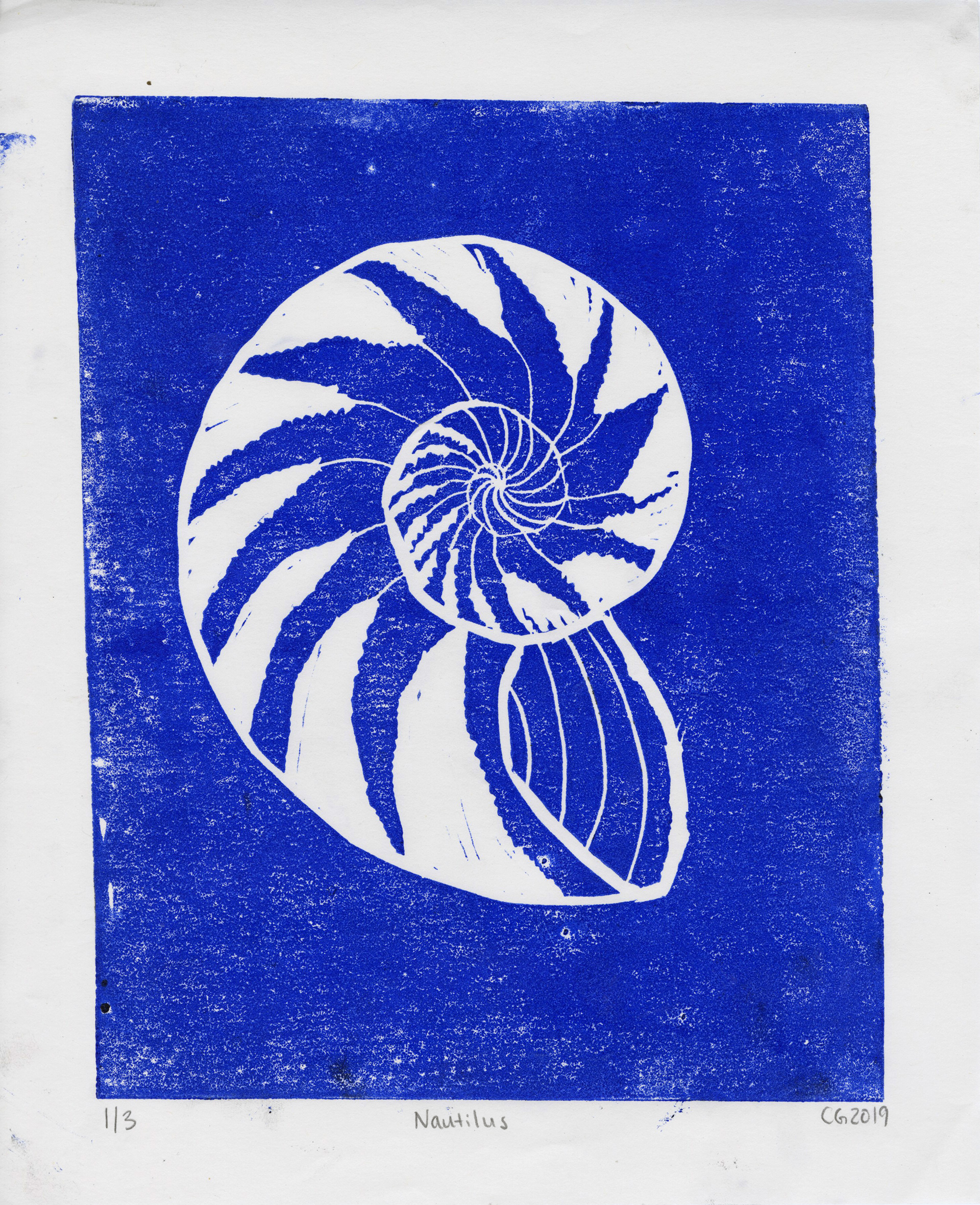 "Nautilus"- Linocut print. Printrun of 3.