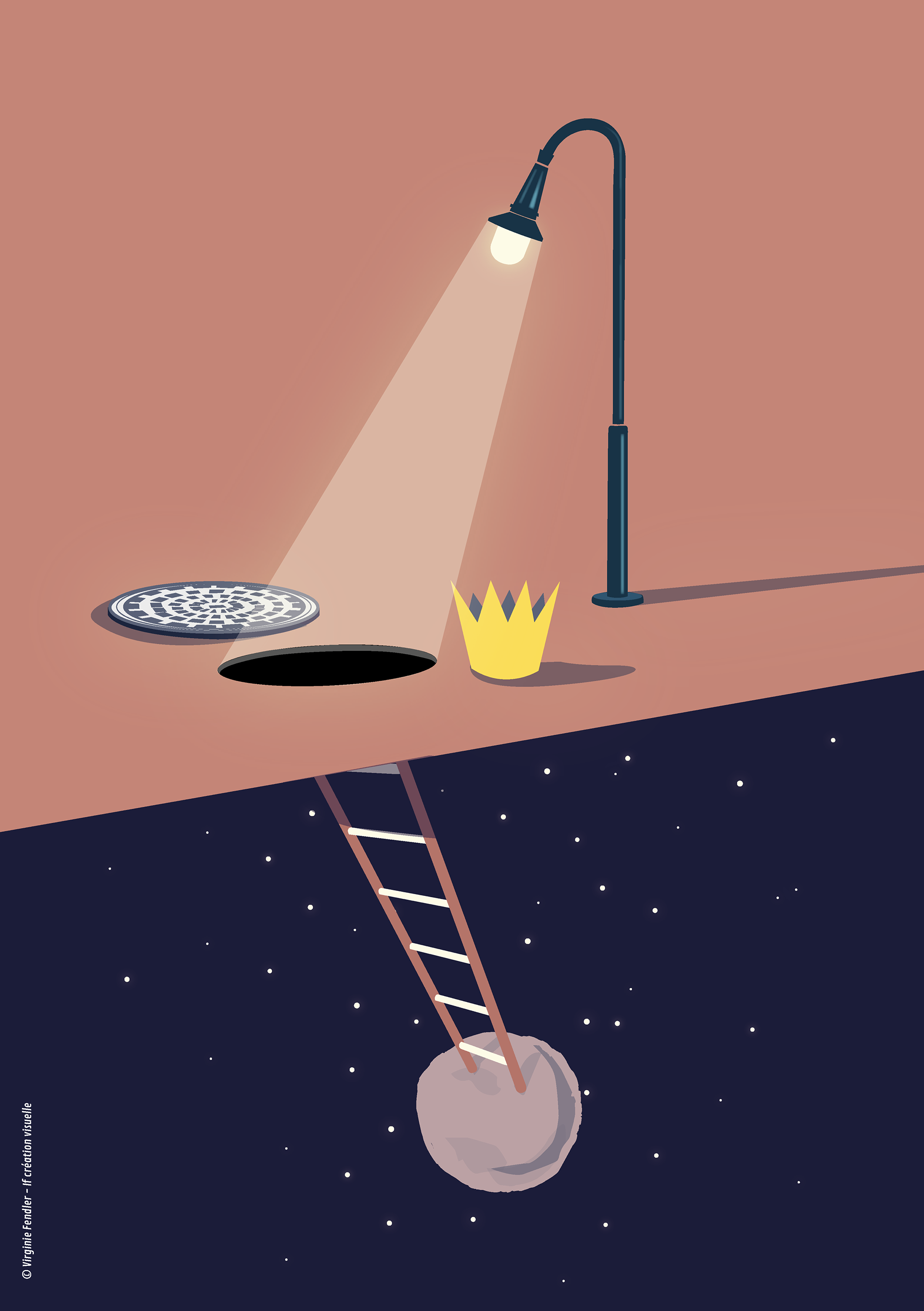 Monsieur Cloche de Marina Damestoy. Un lampadaire éclaire un passage vers une échelle qui descend sur une planète.