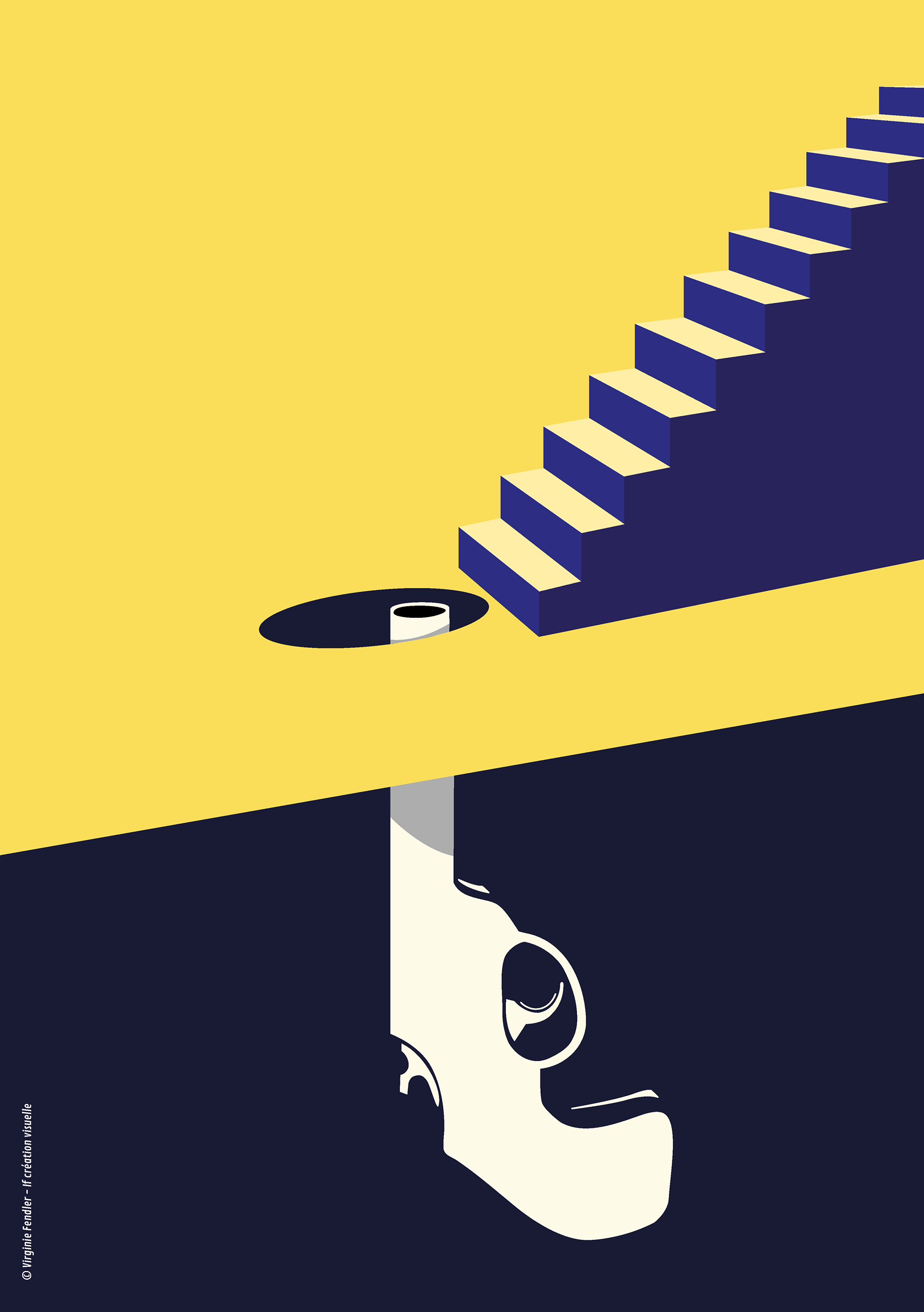 Enfin la fin de Peter Turrini. Un revolver est caché au pied d'un grand escalier.