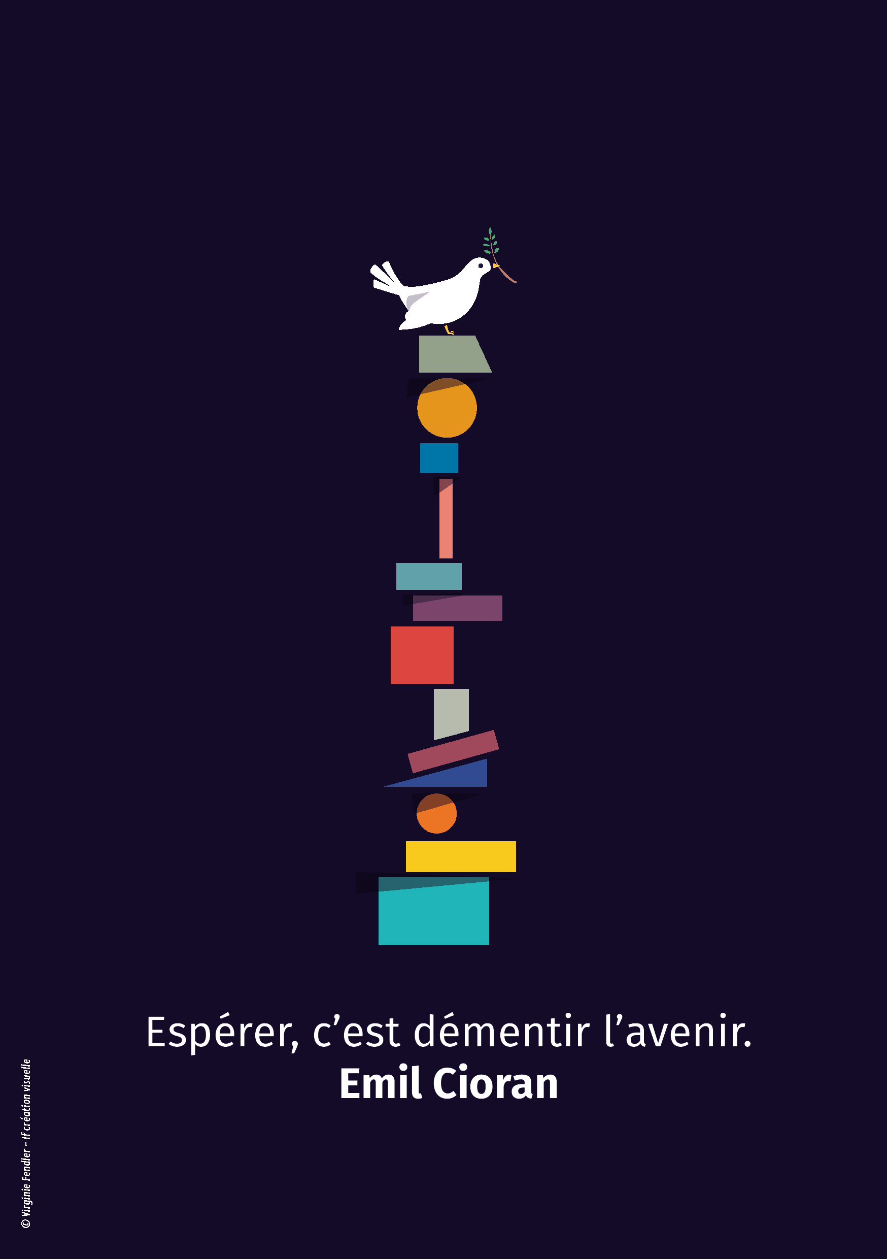 Une colombe de la paix en équilibre instable sur des formes géométriques.