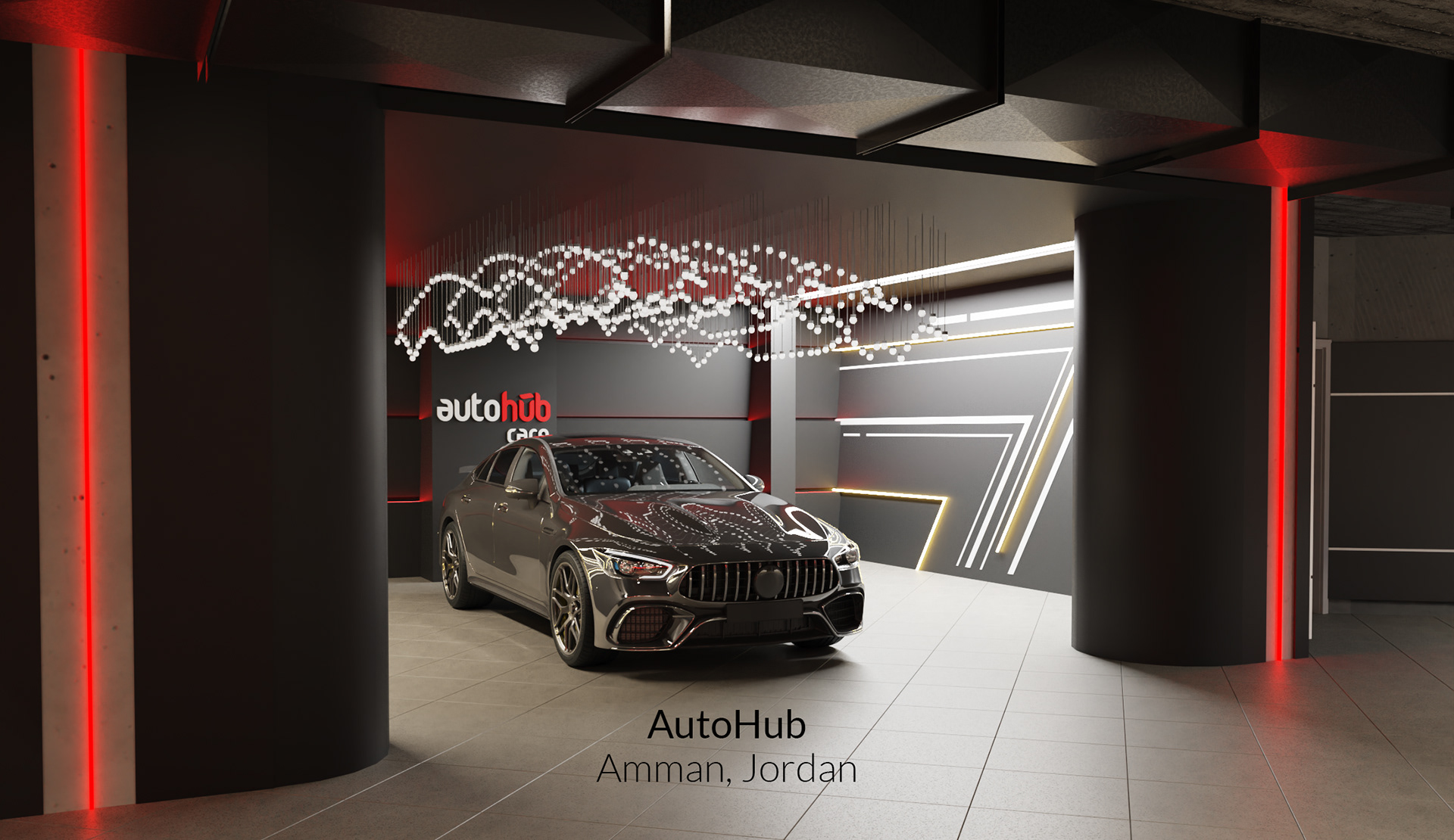 Interior design for AutoHub service center in Amman Jordan. car wash, office, service, storage, primer, paint oven, graphene, mixer.