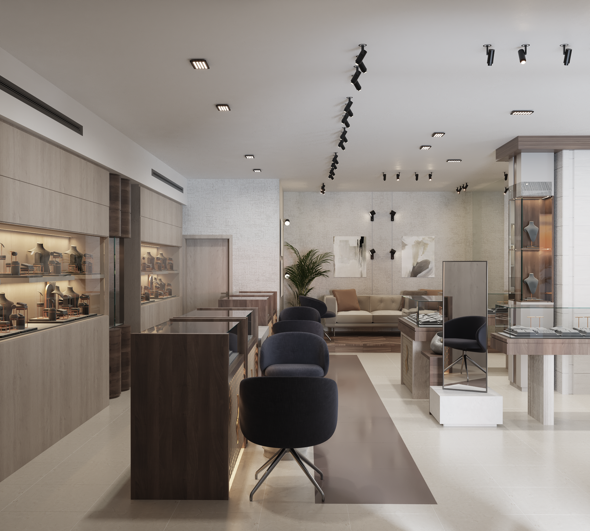 Rami Sakkijha jewelry store interior design in Amman, Jordan.  Elegant jewelry store interior design featuring glass display cases spotlit gold and diamond pieces, sleek flooring, ambient lighting, wood cladding, and a modern décor.