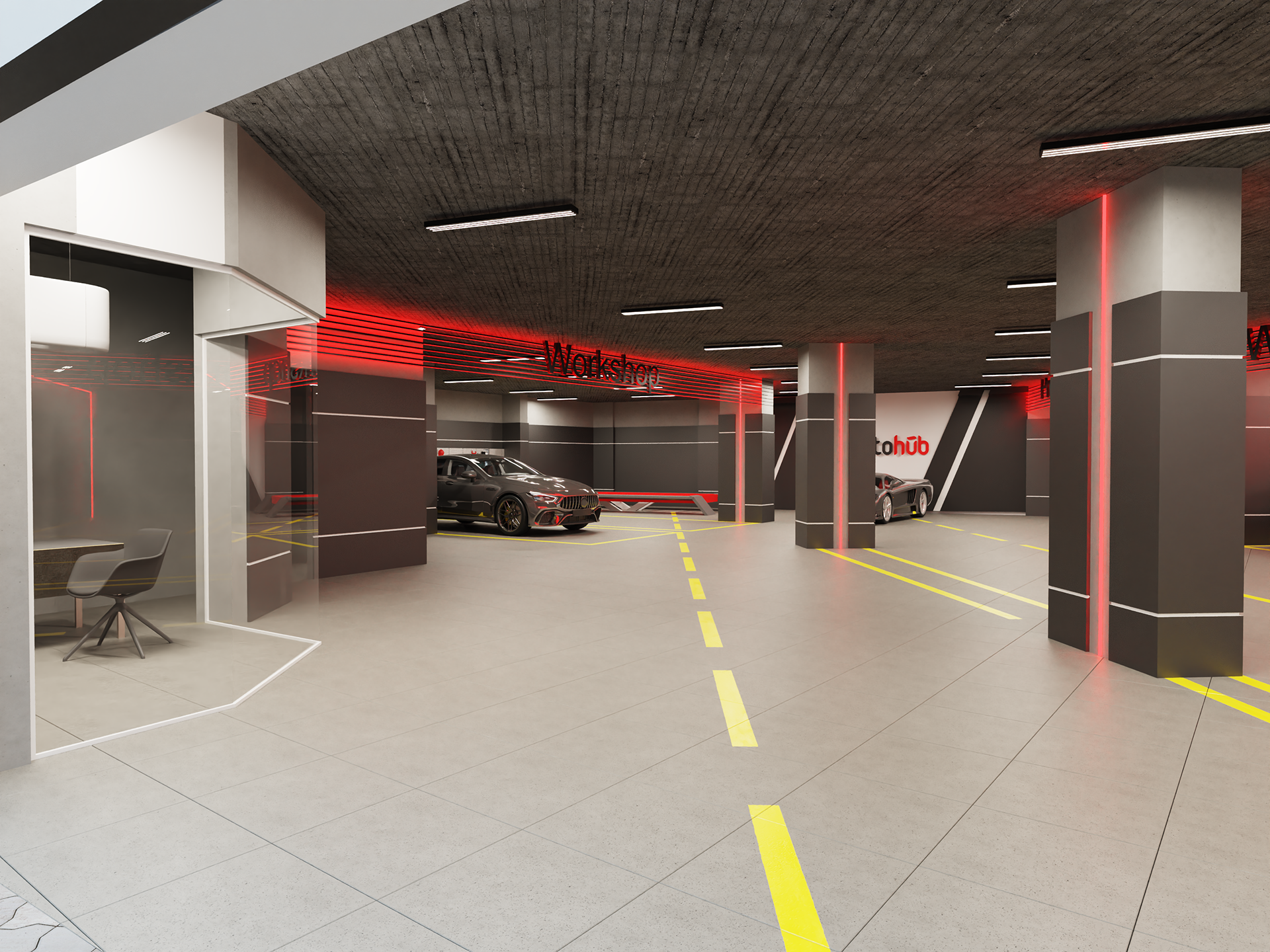 Interior design for AutoHub service center in Amman Jordan. car wash, office, service, storage, primer, paint oven, graphene, mixer.