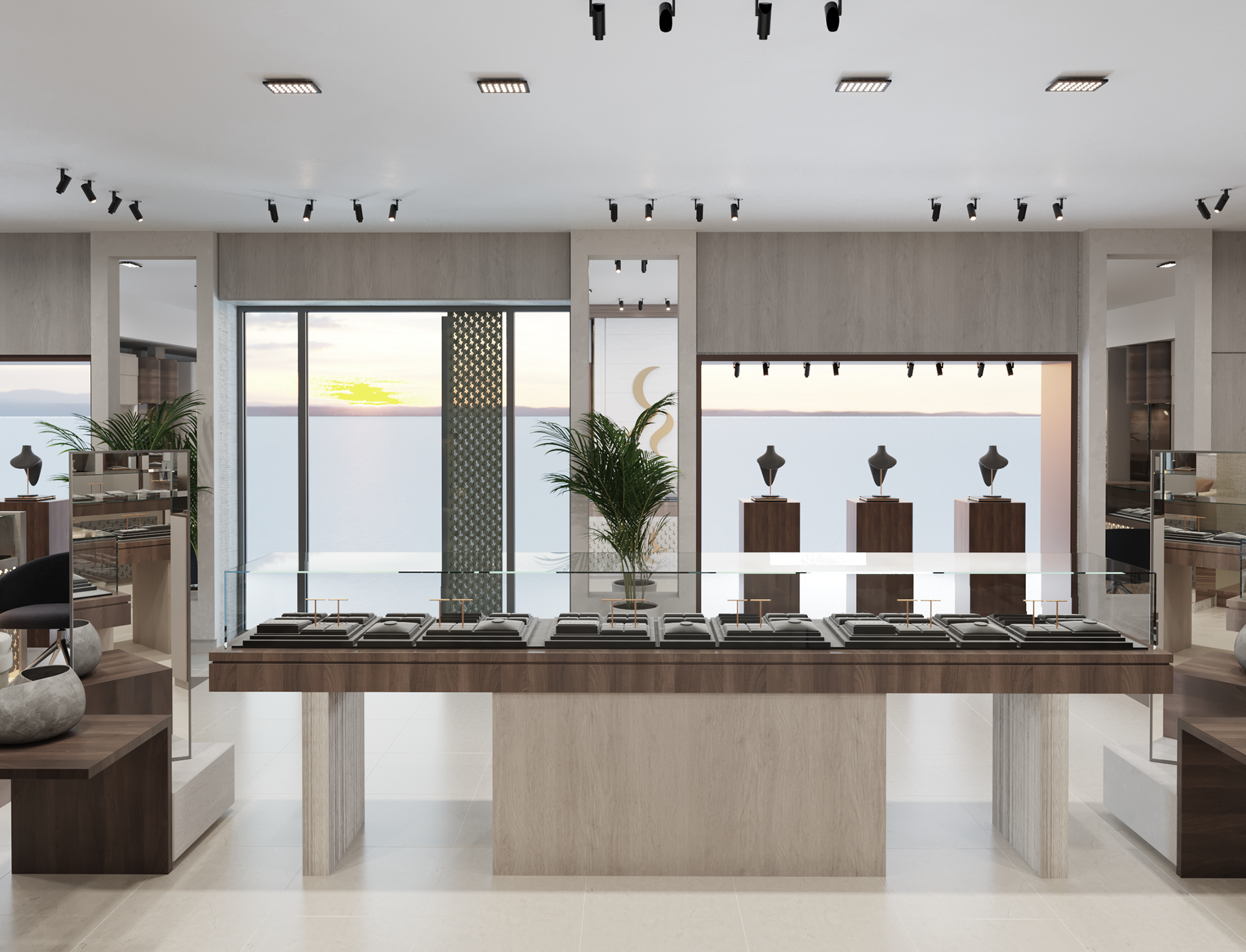 Rami Sakkijha jewelry store interior design in Amman, Jordan.  Elegant jewelry store interior design featuring glass display cases spotlit gold and diamond pieces, sleek flooring, ambient lighting, wood cladding, and a modern décor.