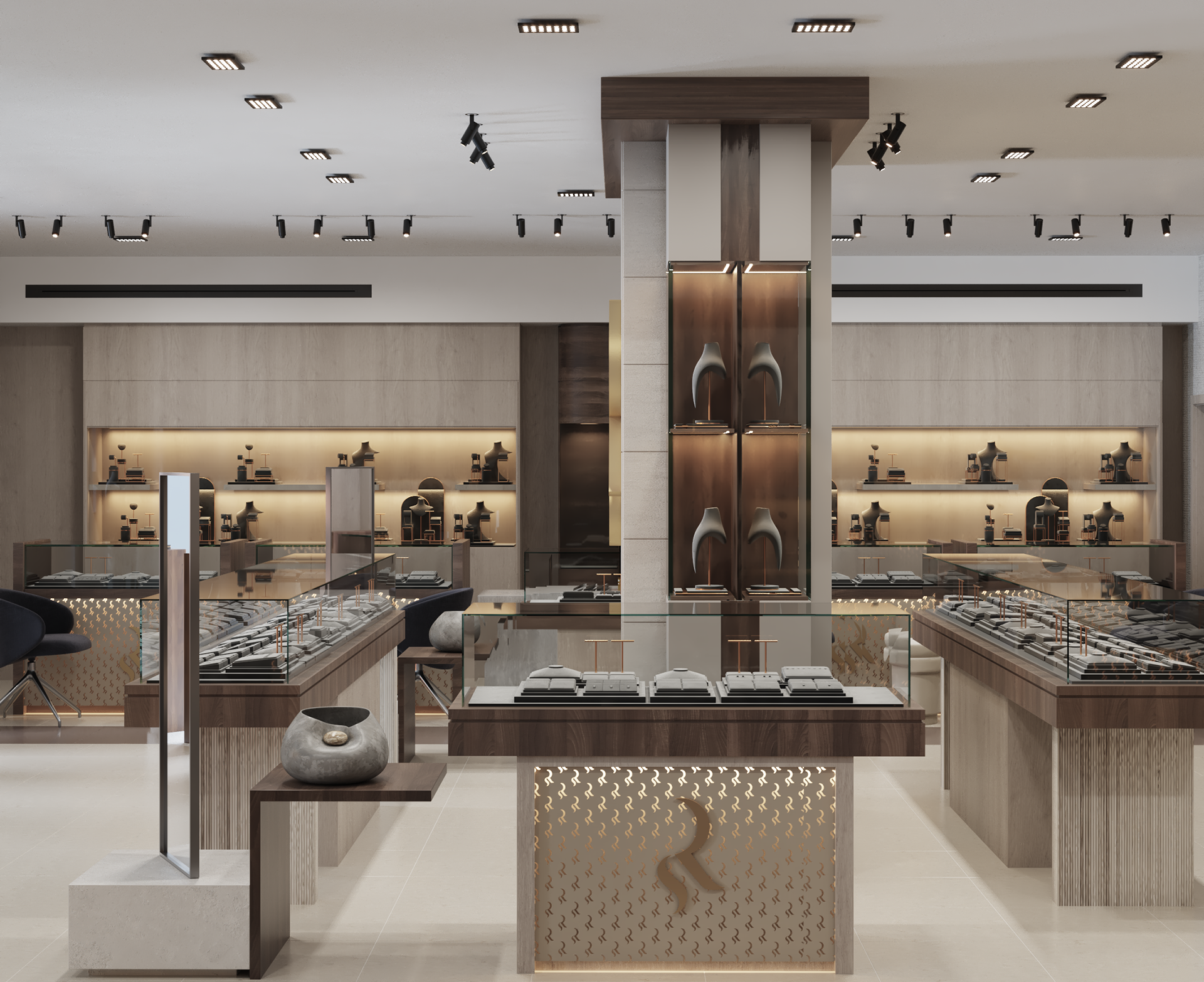 Rami Sakkijha jewelry store interior design in Amman, Jordan.  Elegant jewelry store interior design featuring glass display cases spotlit gold and diamond pieces, sleek flooring, ambient lighting, wood cladding, and a modern décor.