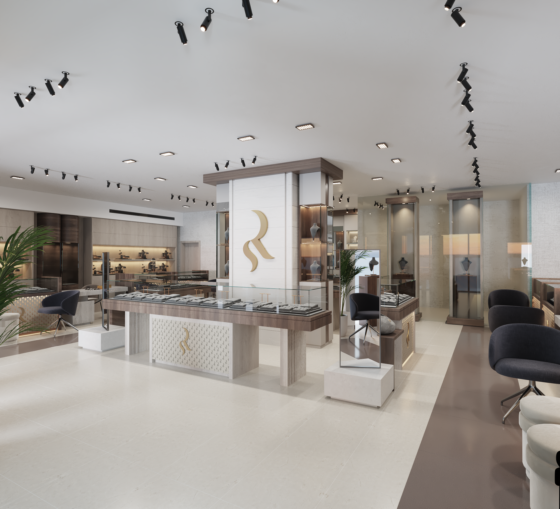 Rami Sakkijha jewelry store interior design in Amman, Jordan.  Elegant jewelry store interior design featuring glass display cases spot lit gold and diamond pieces, sleek flooring, ambient lighting, wood cladding, and a modern décor.