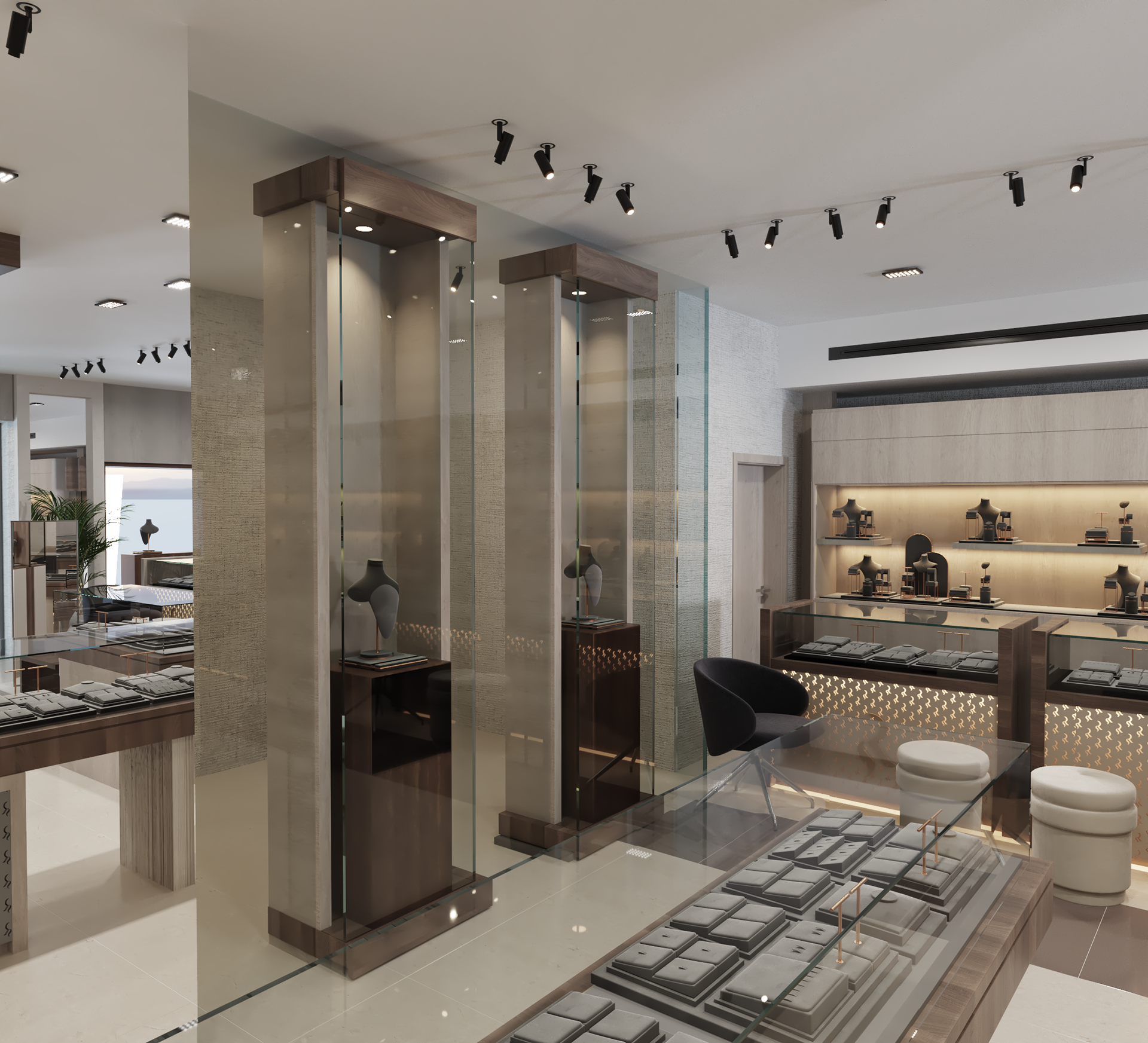 Rami Sakkijha jewelry store interior design in Amman, Jordan.  Elegant jewelry store interior design featuring glass display cases spotlit gold and diamond pieces, sleek flooring, ambient lighting, wood cladding, and a modern décor.