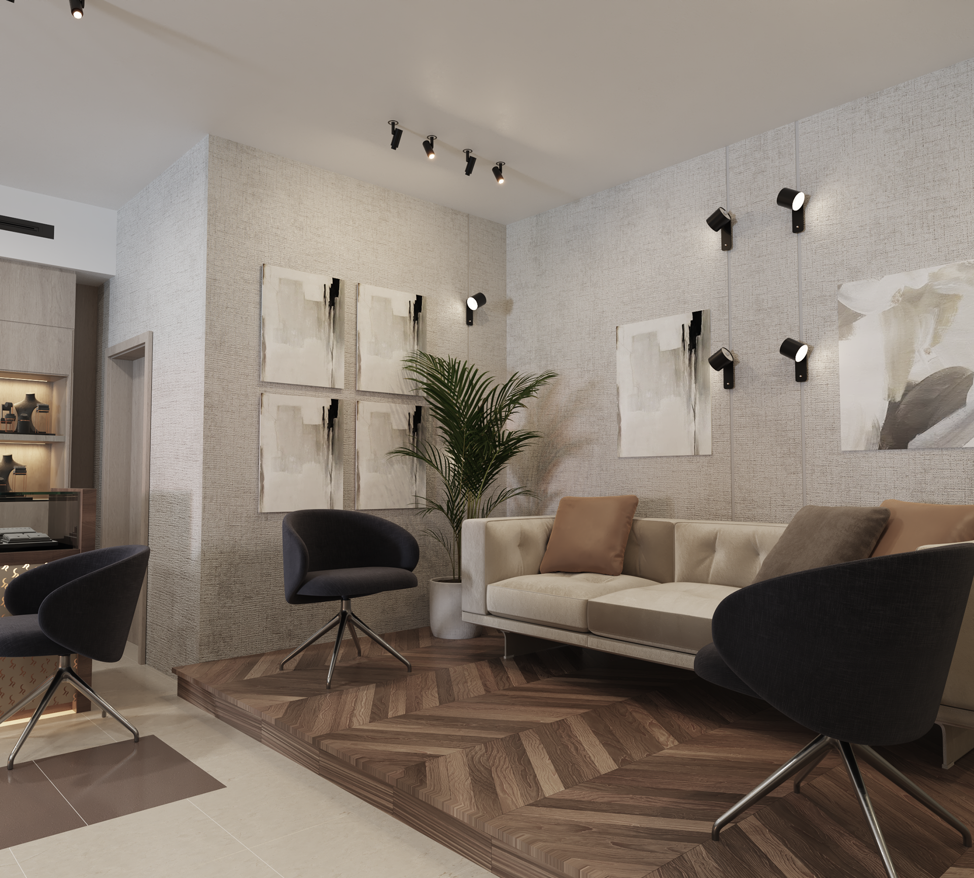 Rami Sakkijha jewelry store interior design in Amman, Jordan.  Elegant jewelry store interior design featuring glass display cases spotlit gold and diamond pieces, sleek flooring, ambient lighting, wood cladding, and a modern décor.