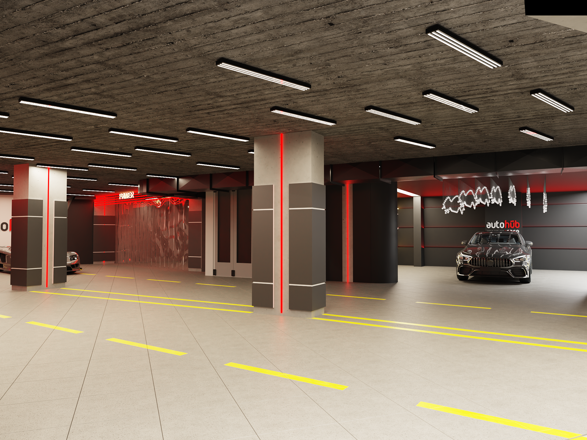 Interior design for AutoHub service center in Amman Jordan. car wash, office, service, storage, primer, paint oven, graphene, mixer.
