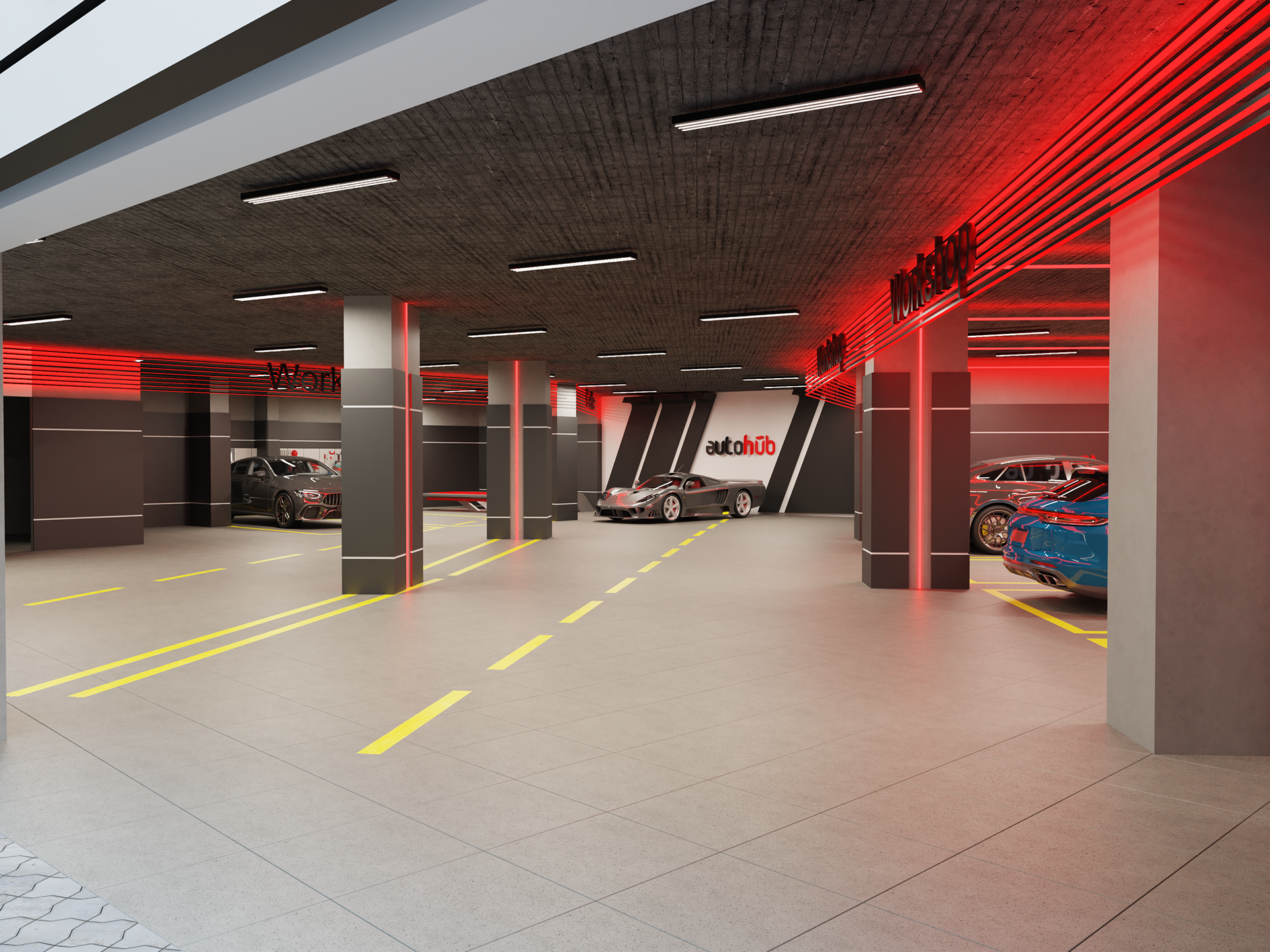 Interior design for AutoHub service center in Amman Jordan. car wash, office, service, storage, primer, paint oven, graphene, mixer.