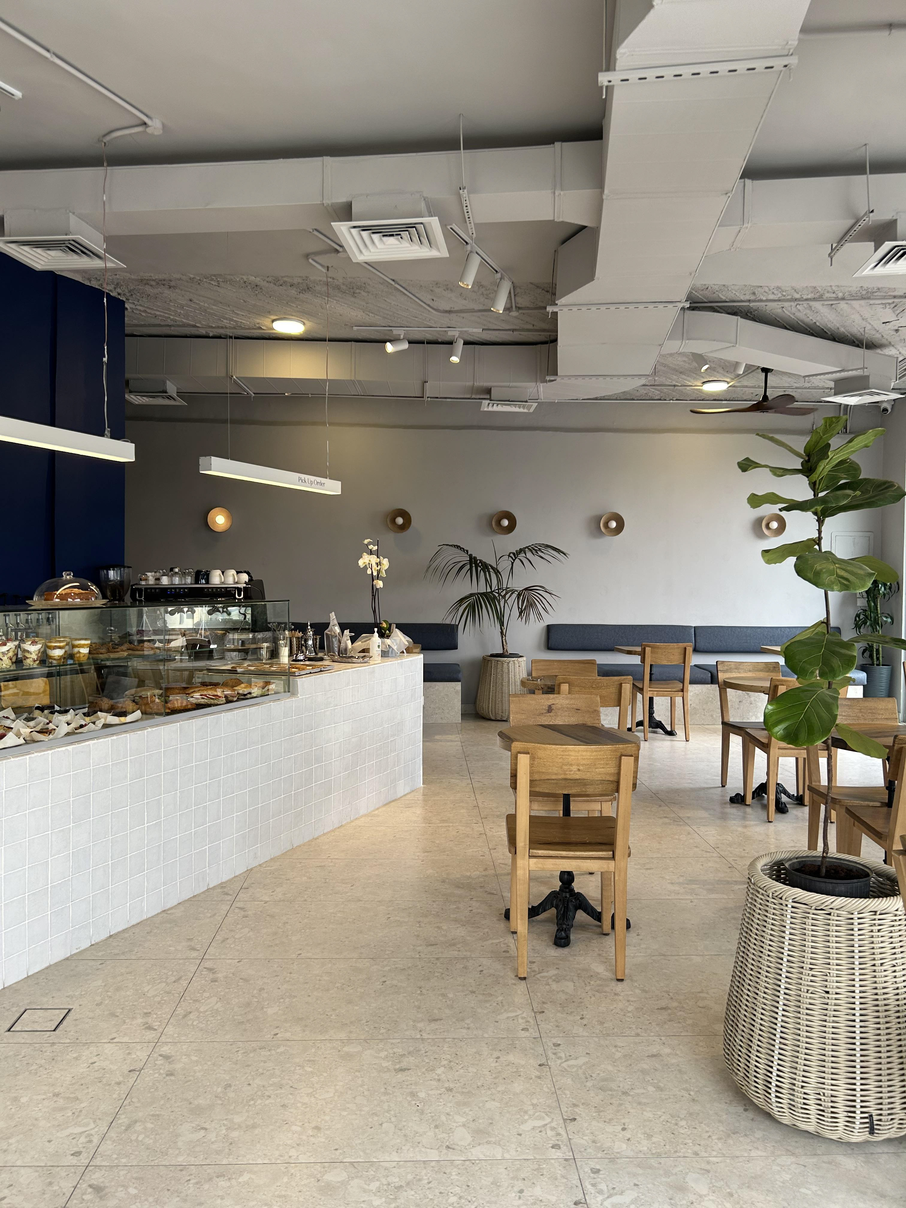 Azul bakery and coffee house interior design in Amman Jordan. Exposed ceiling, modern, minimalist, plants, wood.