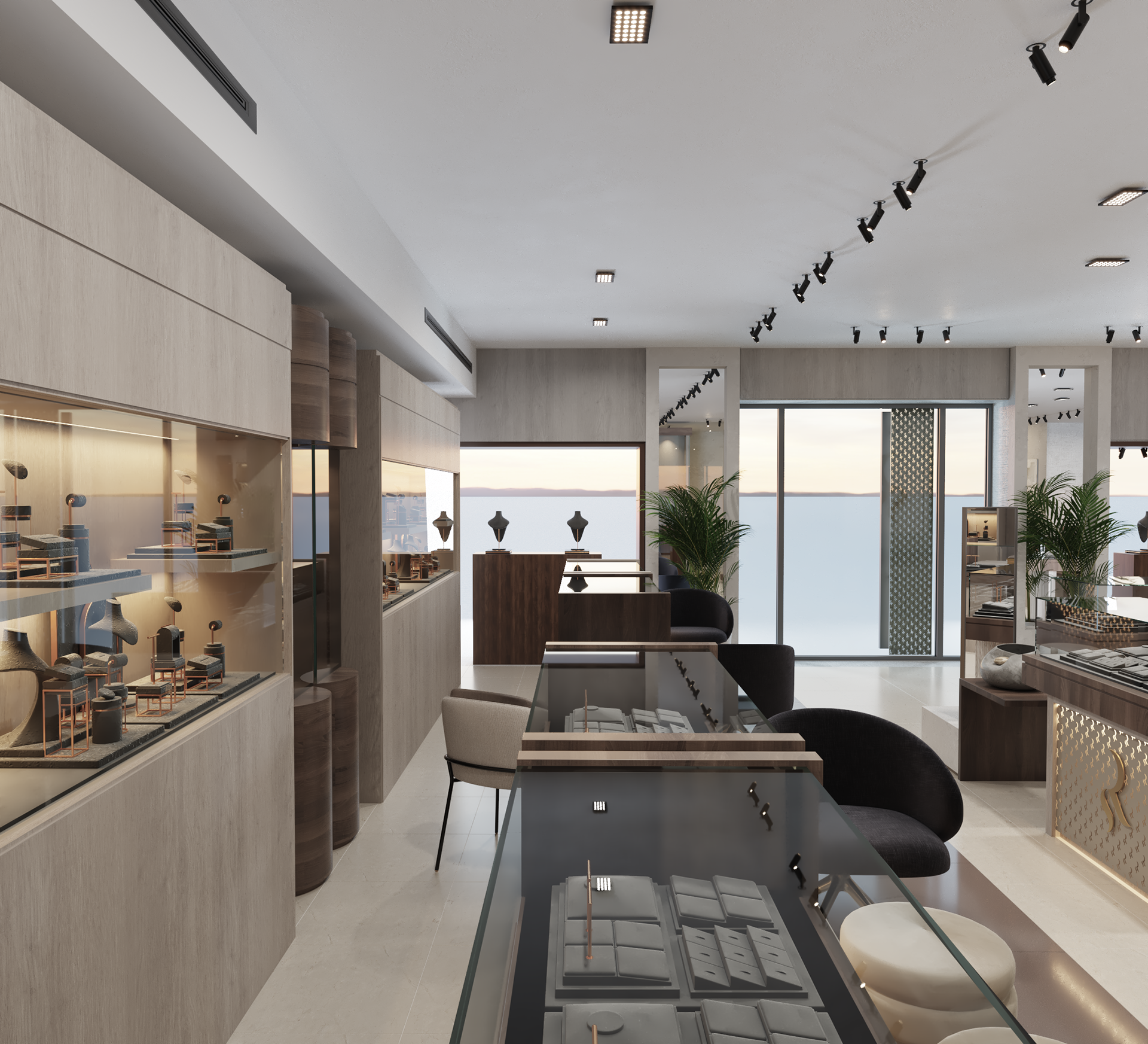 Rami Sakkijha jewelry store interior design in Amman, Jordan.  Elegant jewelry store interior design featuring glass display cases spotlit gold and diamond pieces, sleek flooring, ambient lighting, wood cladding, and a modern décor.