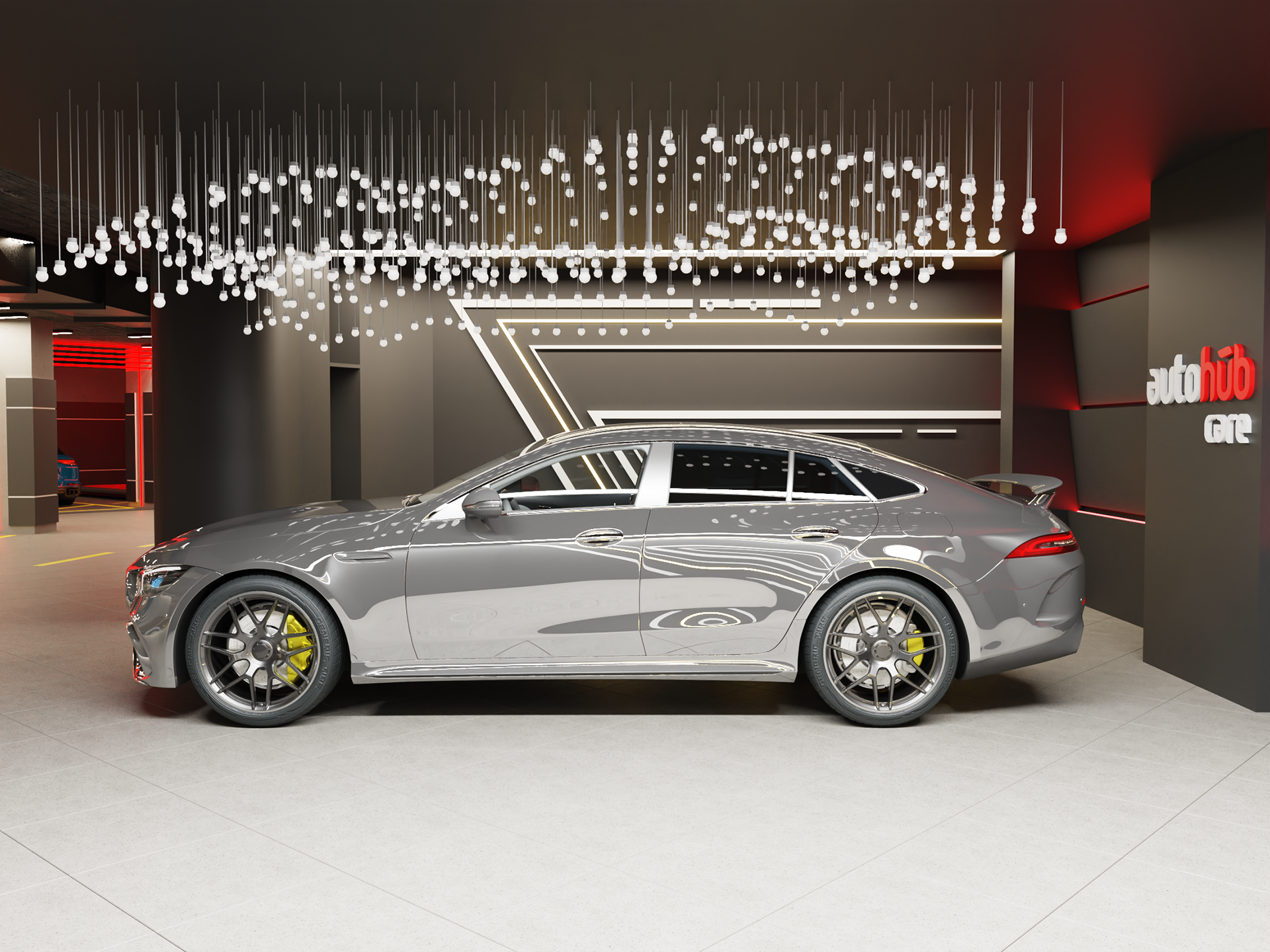 Interior design for AutoHub service center in Amman Jordan. The space features high ceilings, industrial lighting and LED strip lights, and durable flooring with sleek alucobond paneling on walls.