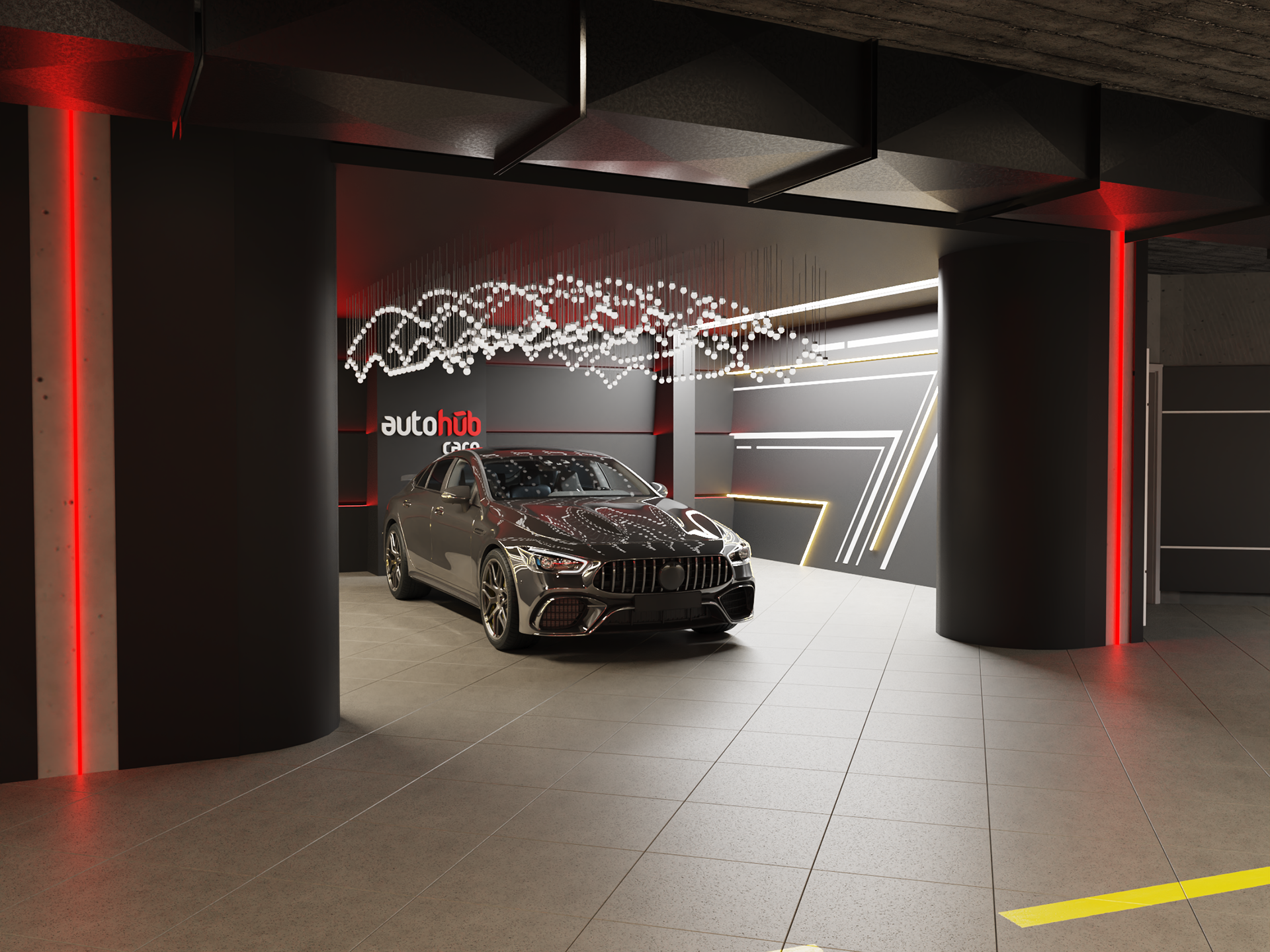 Interior design for AutoHub service center in Amman Jordan. car wash, office, service, storage, primer, paint oven, graphene, mixer.