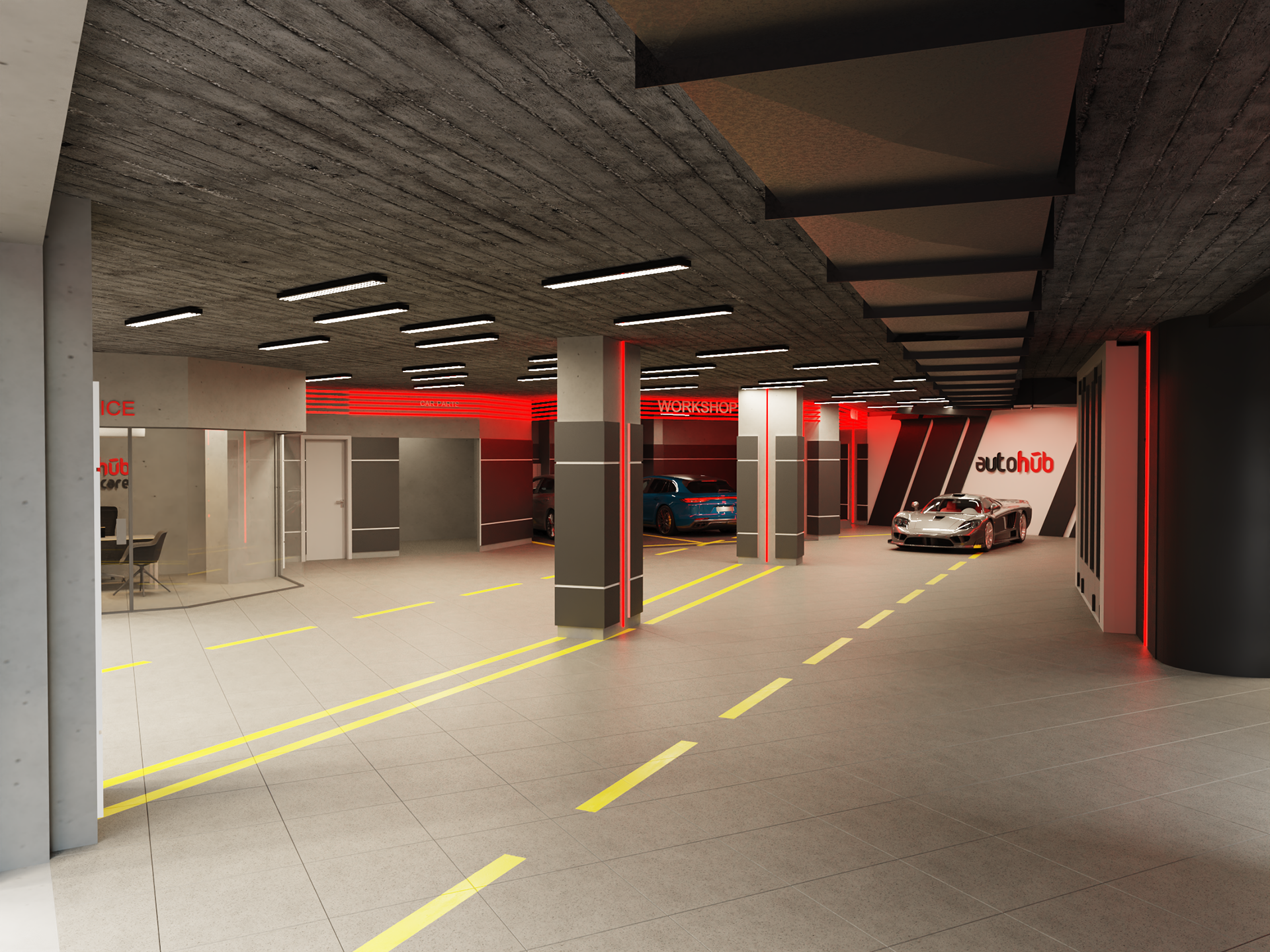 Interior design for AutoHub service center in Amman Jordan. car wash, office, service, storage, primer, paint oven, graphene, mixer.