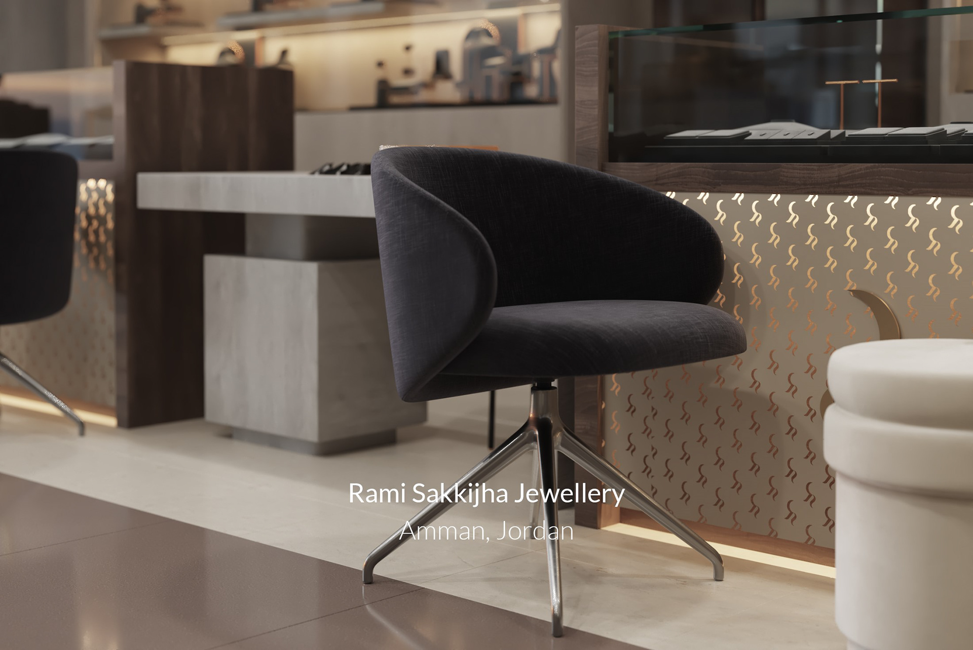 Rami Sakkijha jewelry store interior design in Amman, Jordan.  Elegant jewelry store interior design featuring glass display cases spotlit gold and diamond pieces, sleek flooring, ambient lighting, wood cladding, and a modern décor.