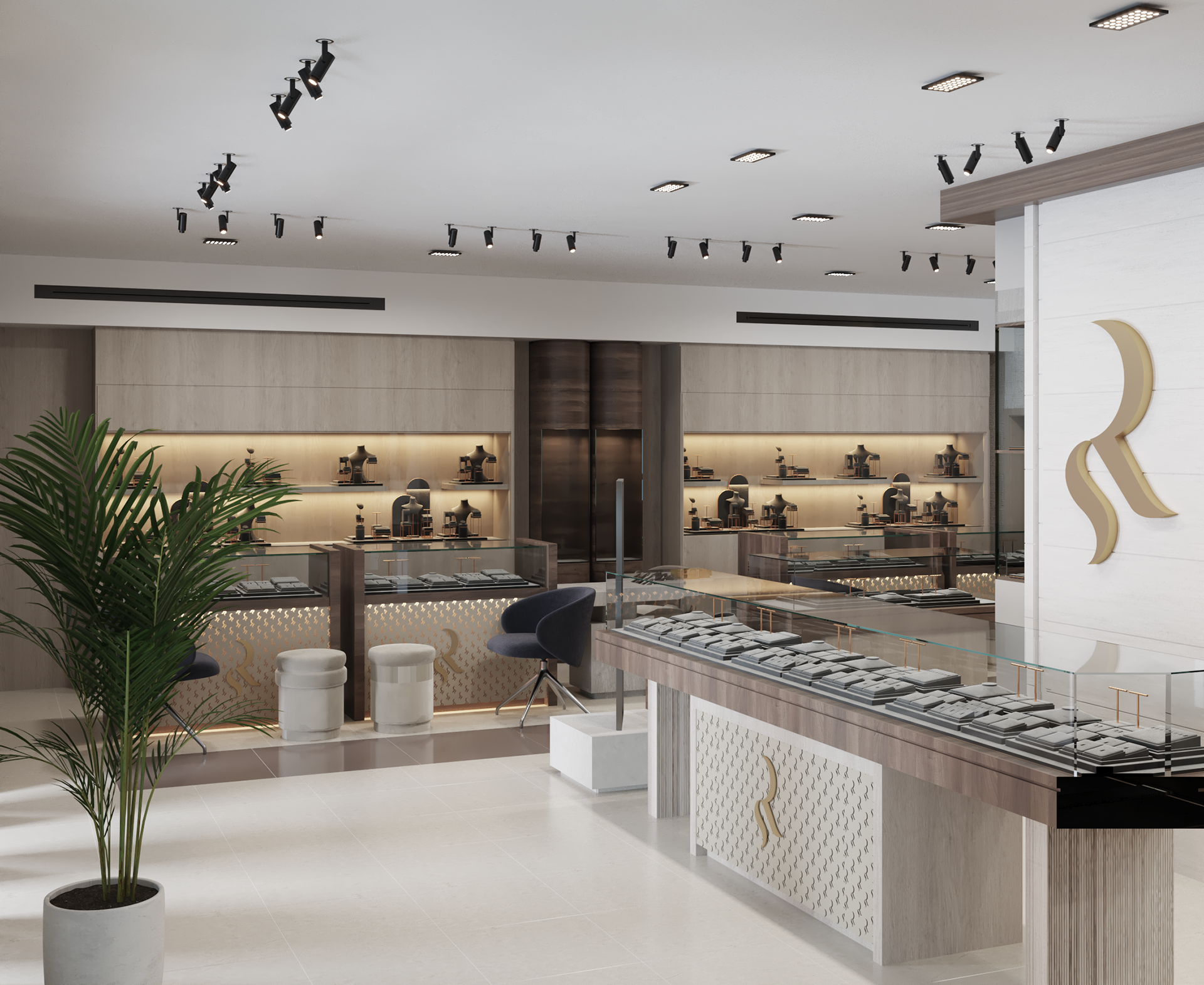 Rami Sakkijha jewelry store interior design in Amman, Jordan.  Elegant jewelry store interior design featuring glass display cases spotlit gold and diamond pieces, sleek flooring, ambient lighting, wood cladding, and a modern décor.