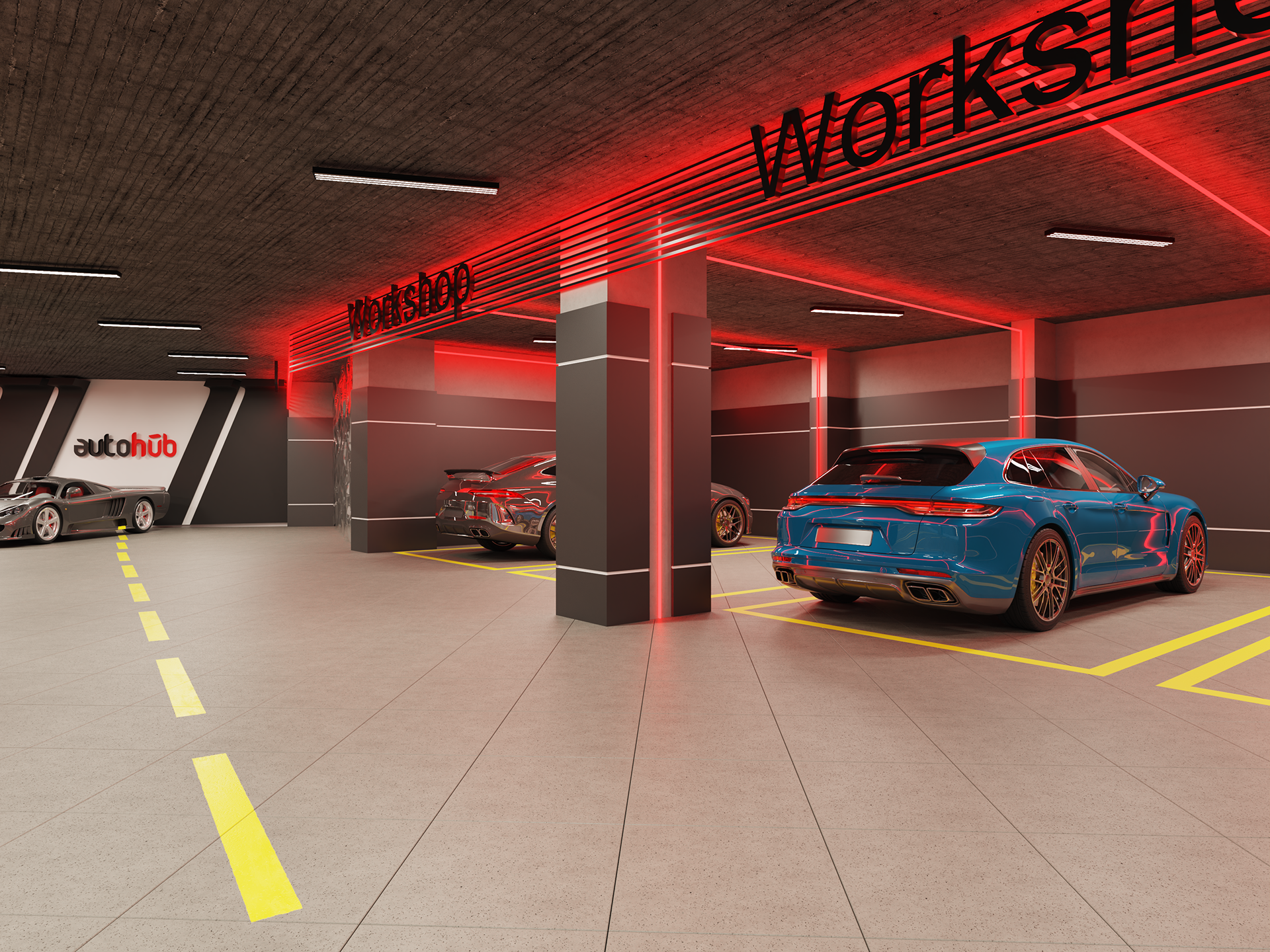 vInterior design for AutoHub service center in Amman Jordan. car wash, office, service, storage, primer, paint oven, graphene, mixer.