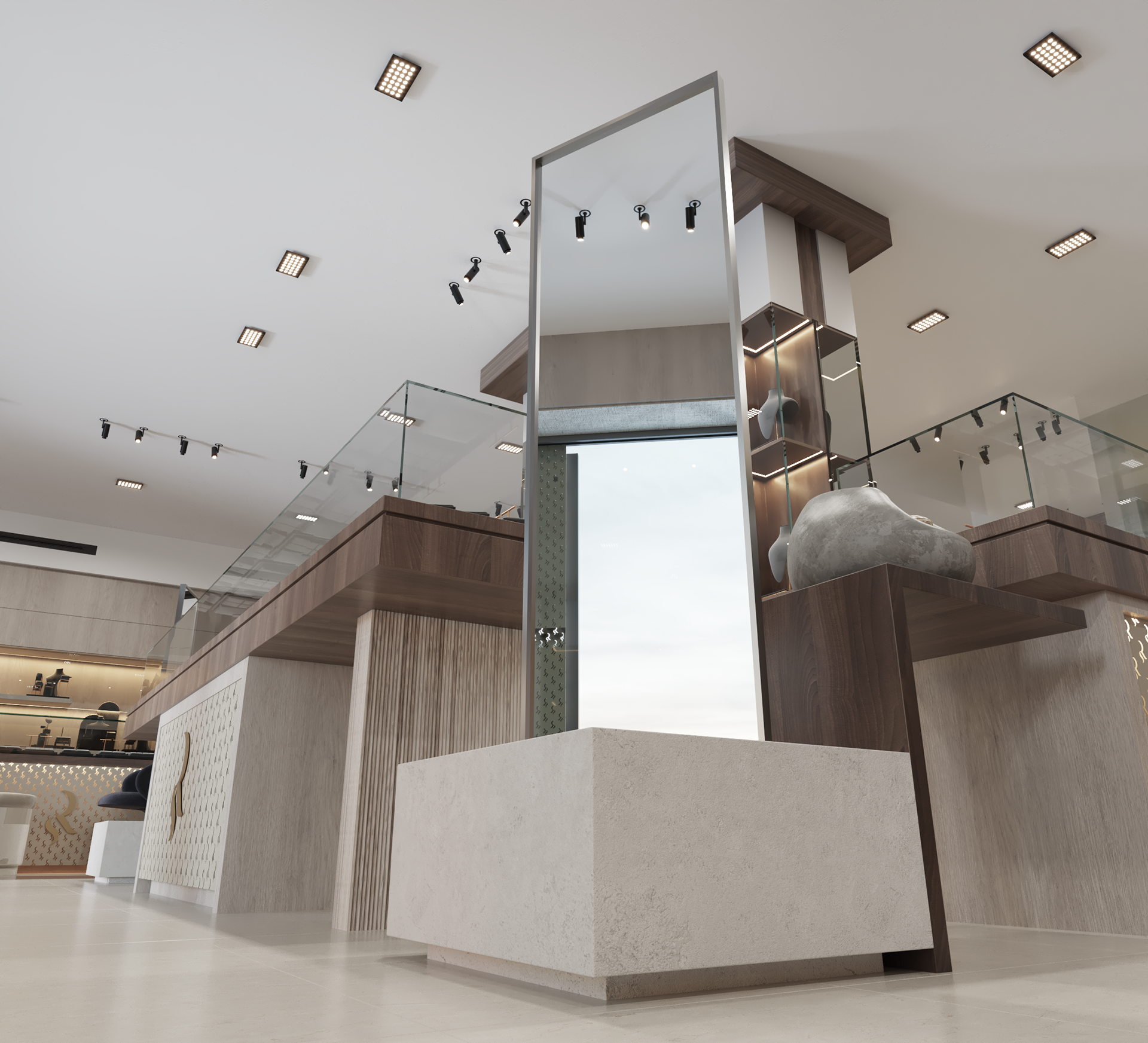 Rami Sakkijha jewelry store interior design in Amman, Jordan.  Elegant jewelry store interior design featuring glass display cases spotlit gold and diamond pieces, sleek flooring, ambient lighting, wood cladding, and a modern décor.