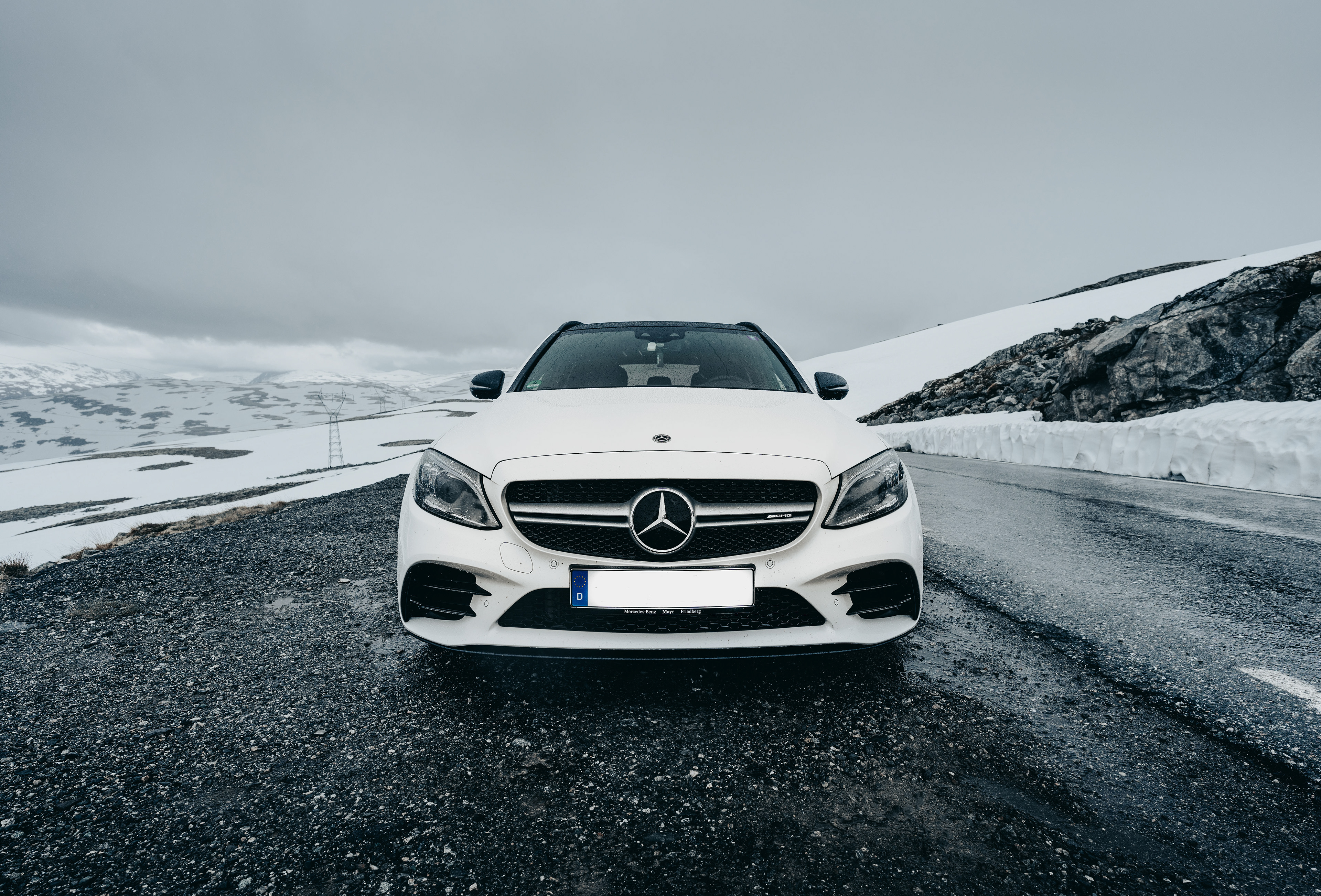 Mercedes-AMG C43 on Aurlandsfjellet in Norway with snow