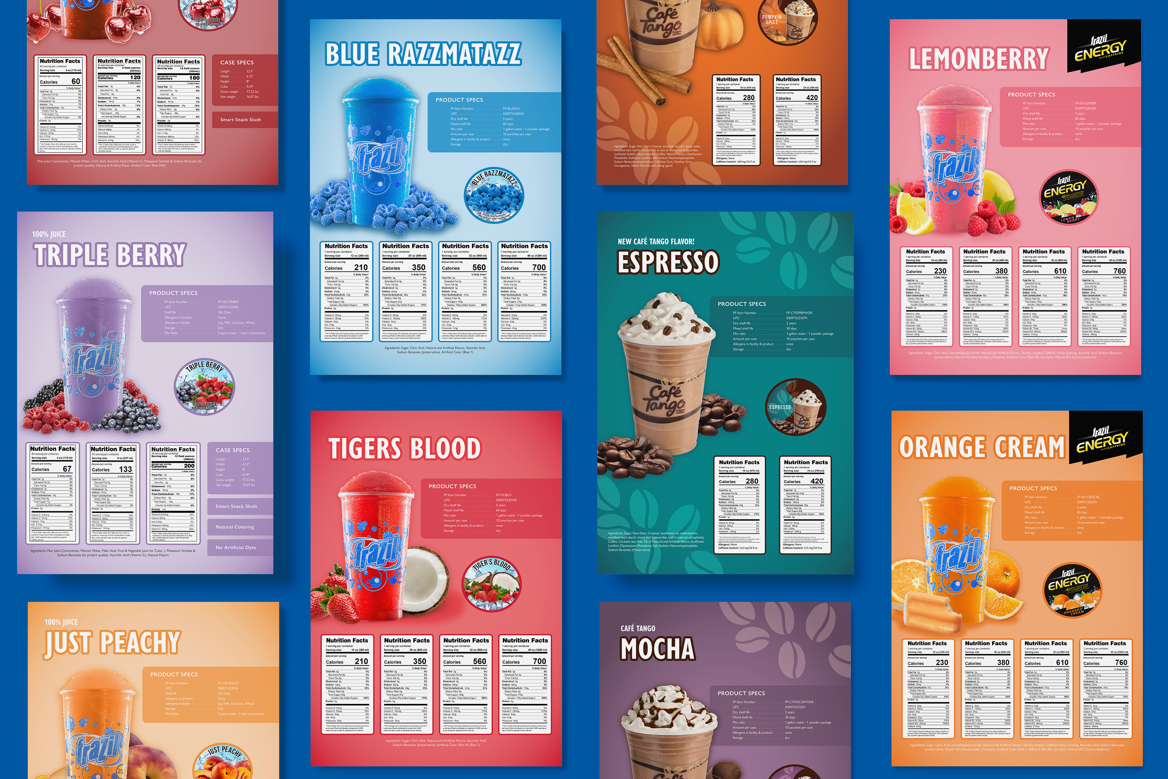 Frazil 100% Juice, Frazil, Cafe Tango, & Frazil Energy Spec Sheets