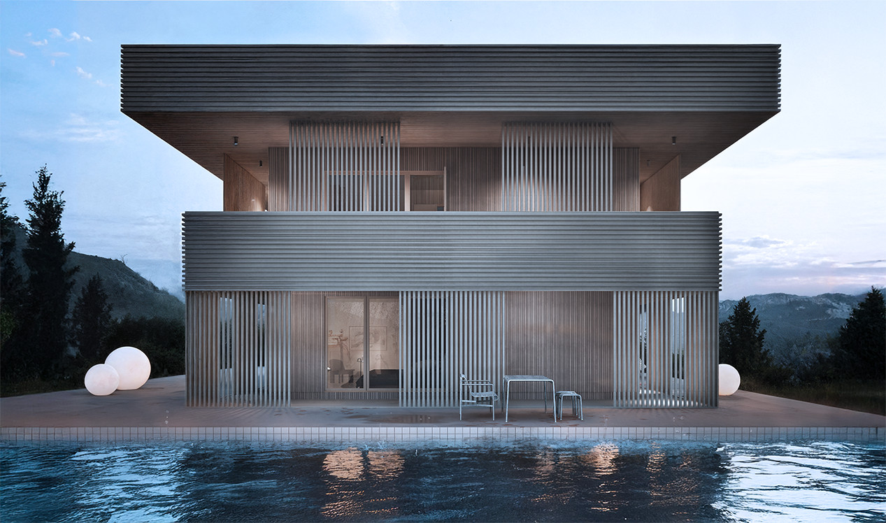 View of wooden structure villa, modern and sustainable Scandinavian house. 