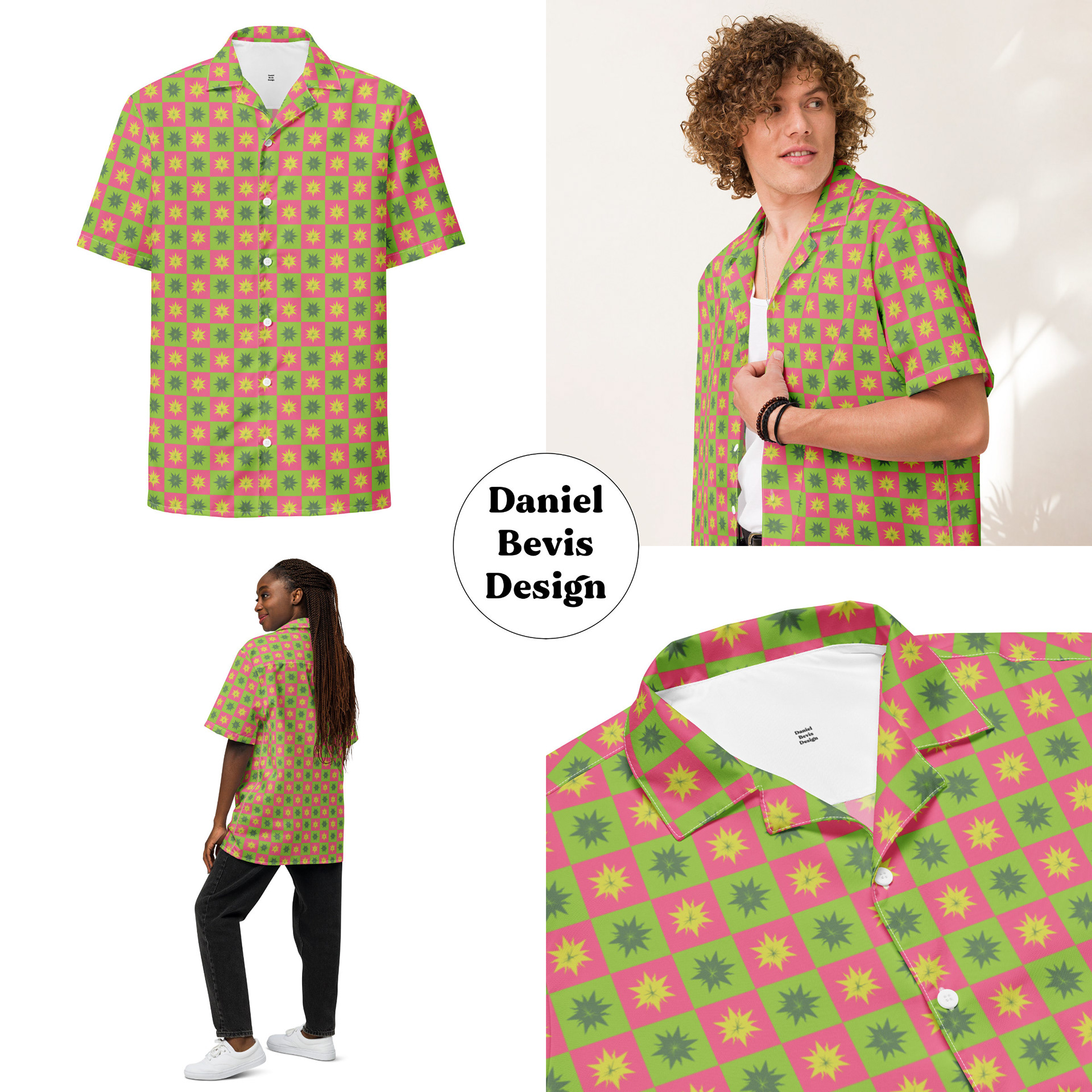 CHECKER STARBURSTS - ALIEN FLORA_UNISEX BUTTON SHIRTS MOCKUPS COLLAGE