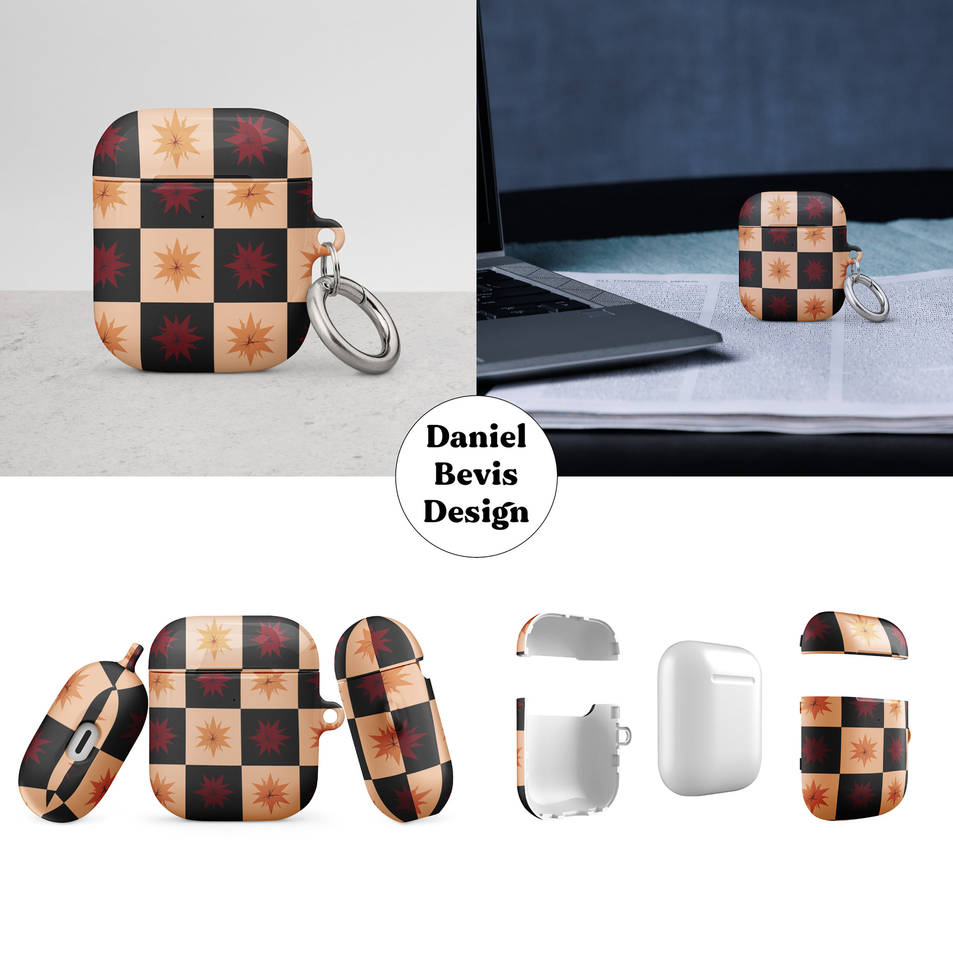 CHECKER STARBURSTS - FIERY DRACONIC HERALDRY_AIRPOD GEN 1 CASES MOCKUPS COLLAGE