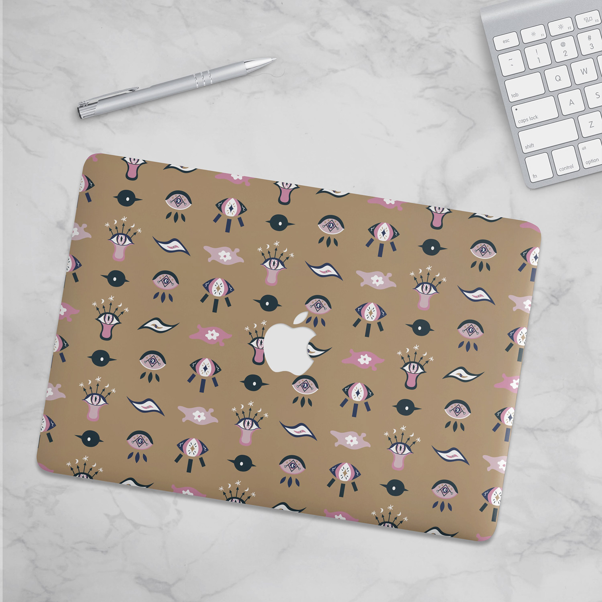 EVIL EYES 1 - BLUSH, GOLD & NAVY_MACBOOK SKIN MOCKUP