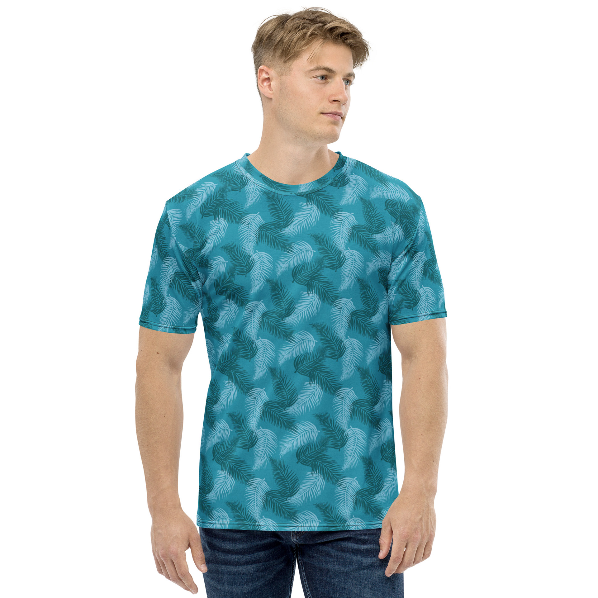 TROPICAL PALMS TEAL-BLUE_ALL OVER GRAPHIC TEE - LIFESTYLE MENS FRONT