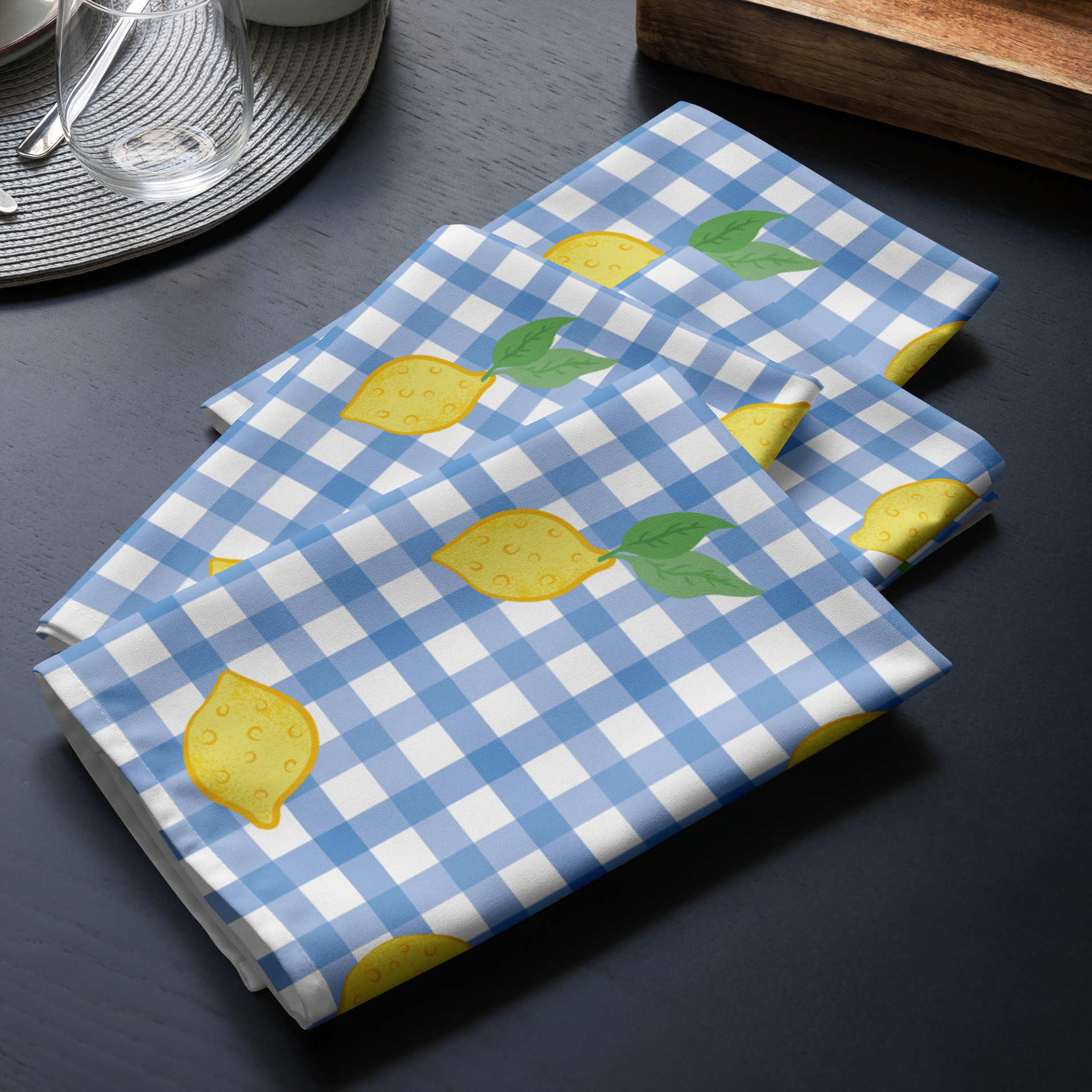 LEMONS & GINGHAM - SPANISH BLUE NAPKINS SET