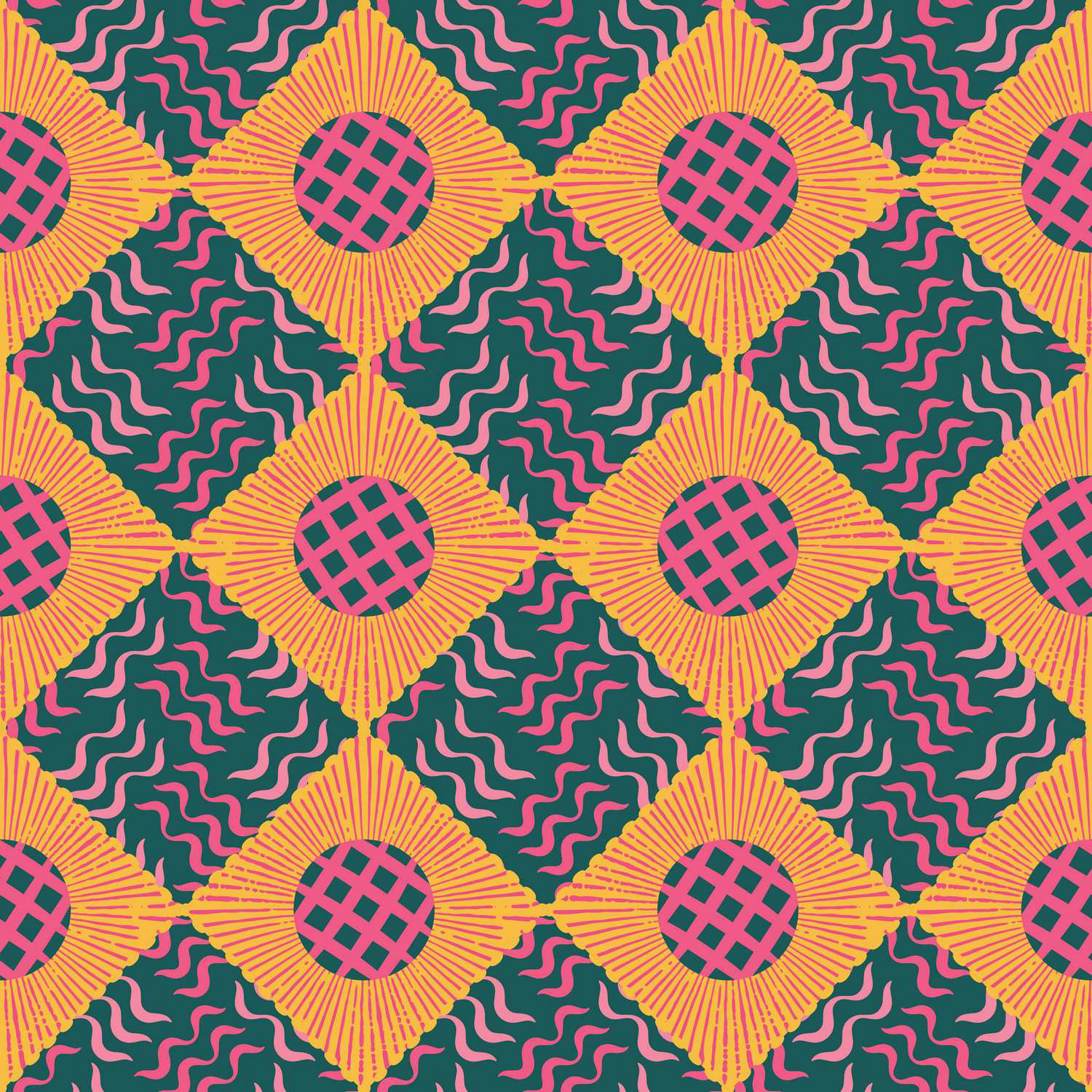 DIAMOND PLAID SUNFLOWERS & GRASSY WEAVES - SUMMER BLUSH & BAYBERRY GREEN